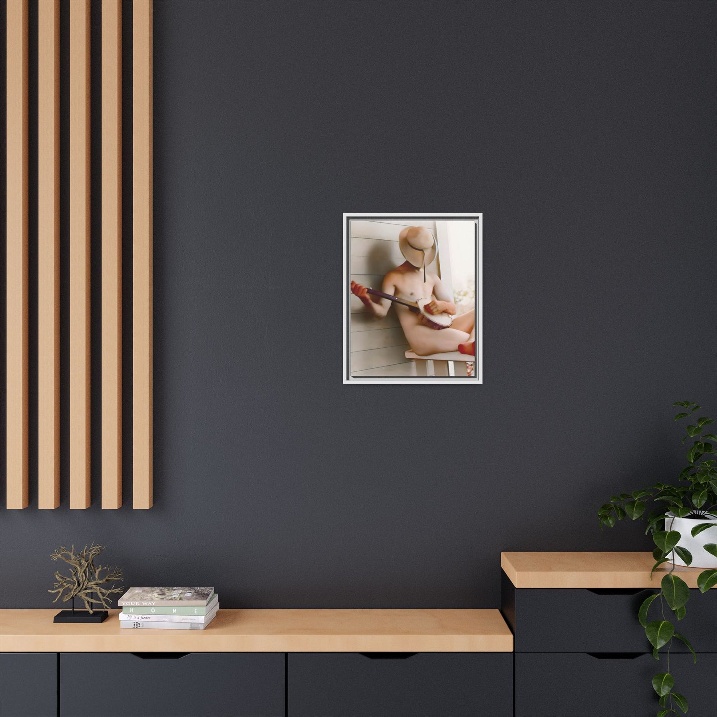 A framed vintage portrait on matte canvas featuring Glenn in Alum Creek, West Virginia, capturing the Appalachian spirit with a banjo in hand.