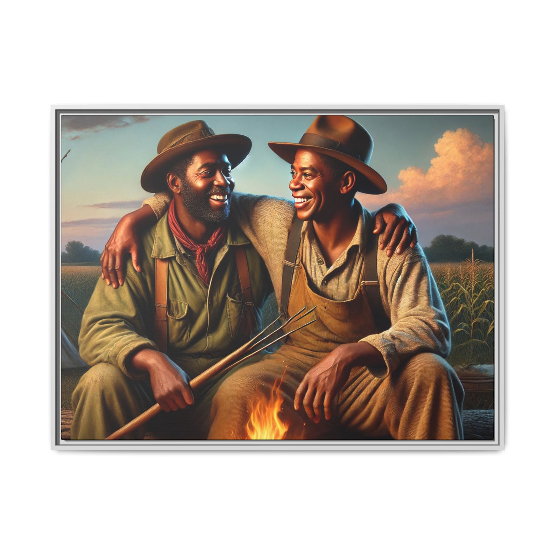 Artwork of an older African-American queer couple sharing a warm, joyful moment by a campfire in rural Iowa. Set against vast fields and an open sky, the scene captures love, resilience, and the nostalgic beauty of Americana, with firelight illuminating their laughter and companionship