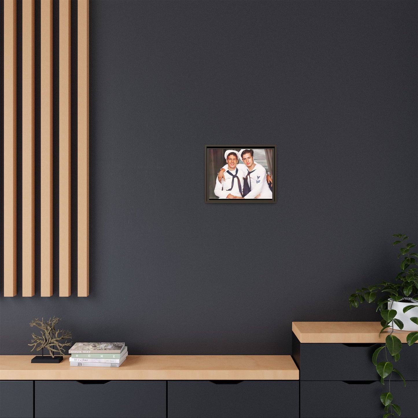 A restored vintage Navy portrait of Kenny and William at Fort Lee, Virginia. This framed matte canvas print honors military camaraderie, resilience, and LGBTQ+ history with a timeless tribute to friendship and love. Gay Couple Sailors Navy