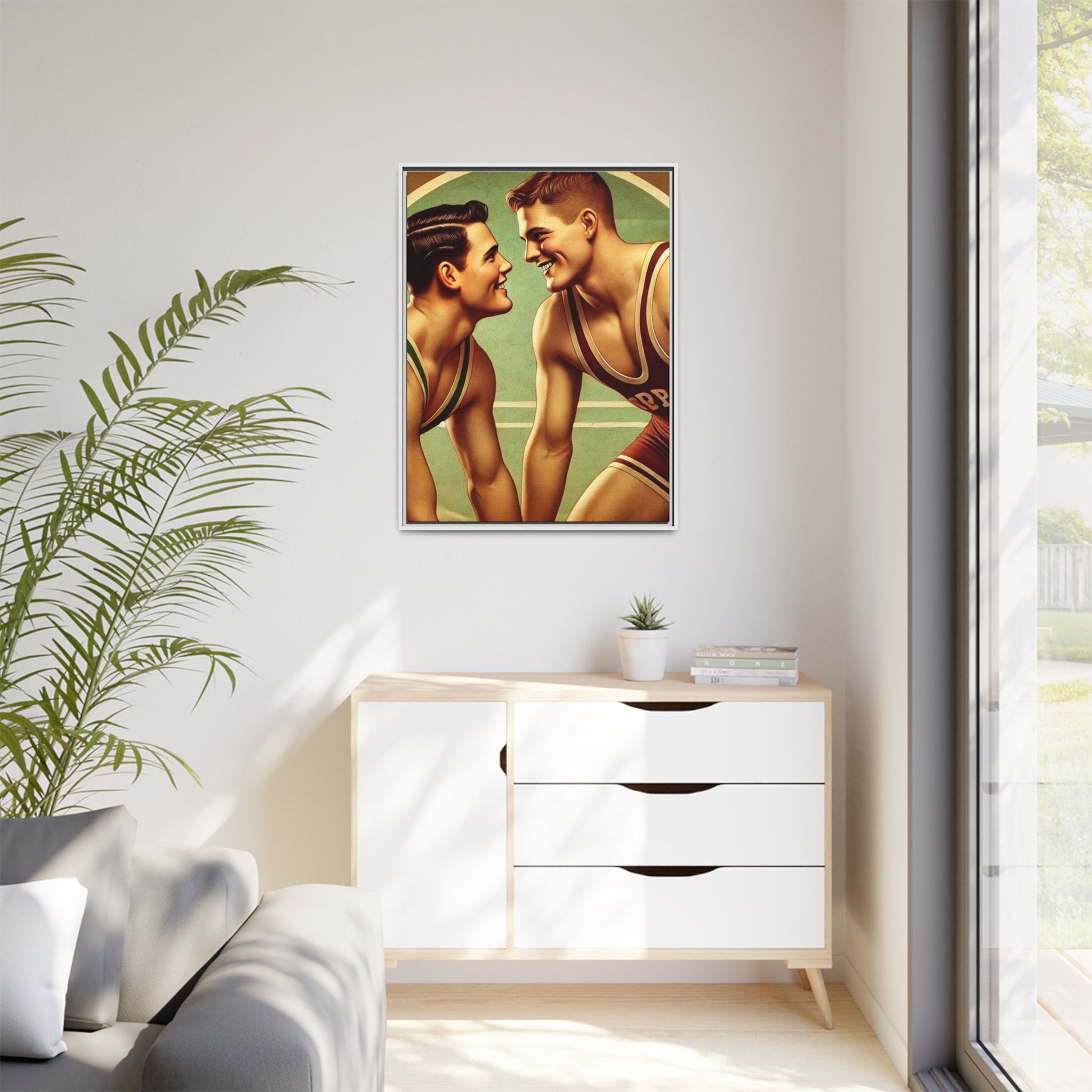 Framed artwork of two young wrestlers in vintage singlets on a stylized mat, inspired by Grant Wood's nostalgic Americana style.