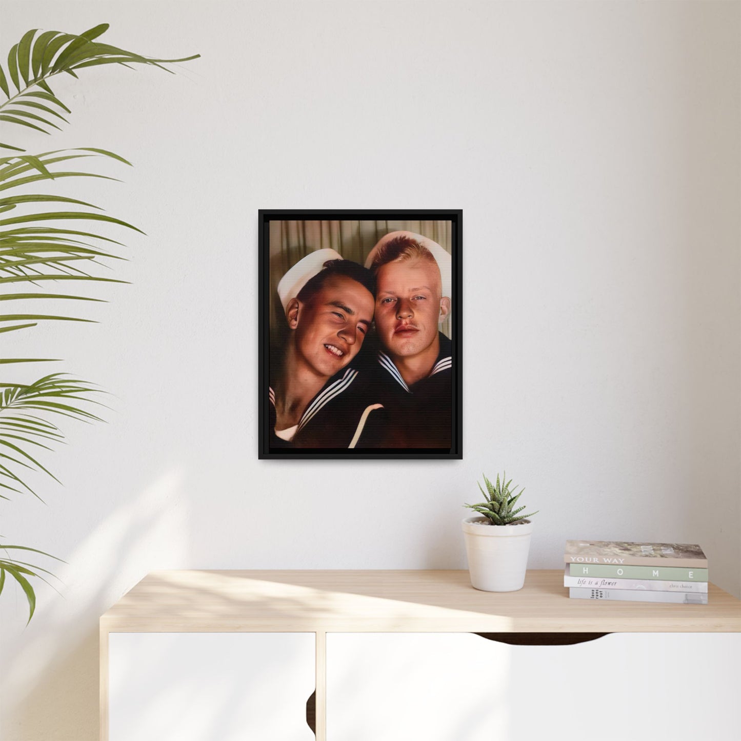 A framed vintage sailor portrait on matte canvas featuring Ray and Clyde in Newport, Rhode Island, capturing timeless LGBTQ+ love and companionship. Gay Couple Photo Booth