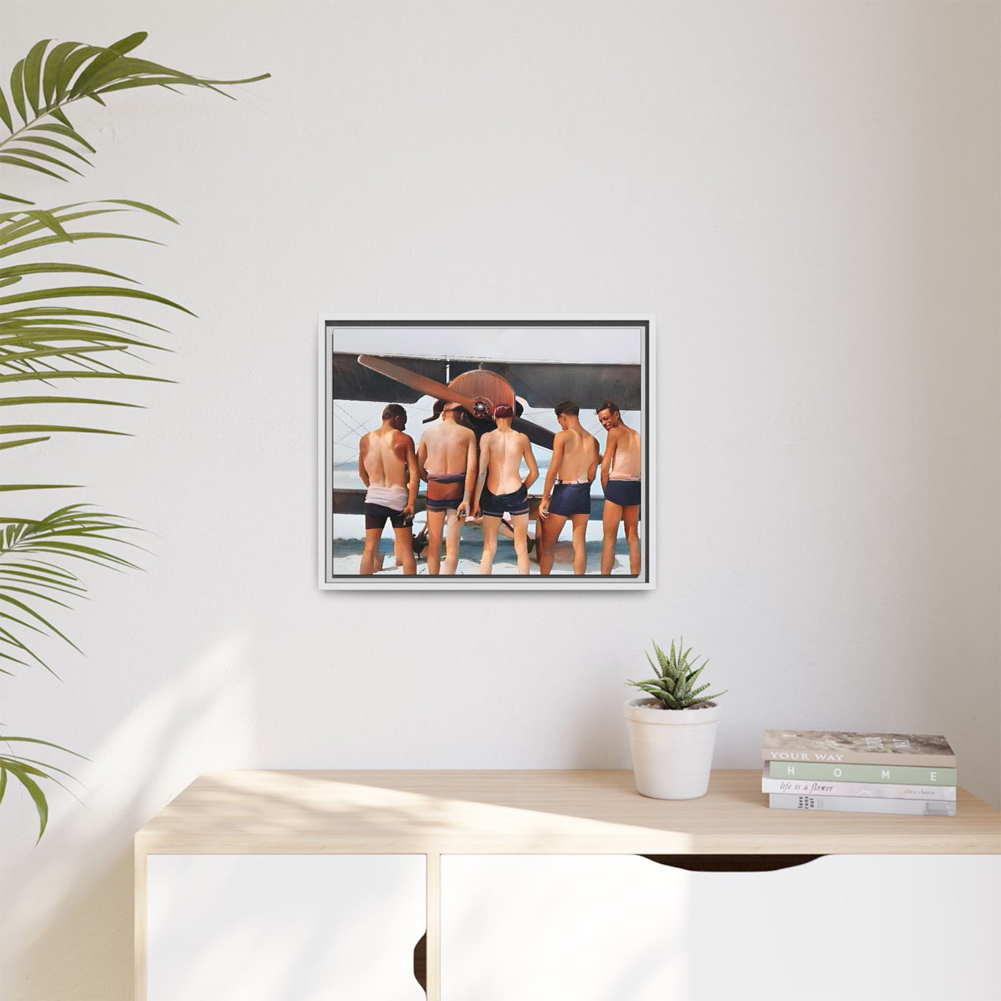 A beautifully restored vintage photograph of five men standing on a sunlit Key West beach with a vintage aircraft in the background. This nostalgic canvas print captures coastal adventure, camaraderie, and the free spirit of aviation history. Men urinating