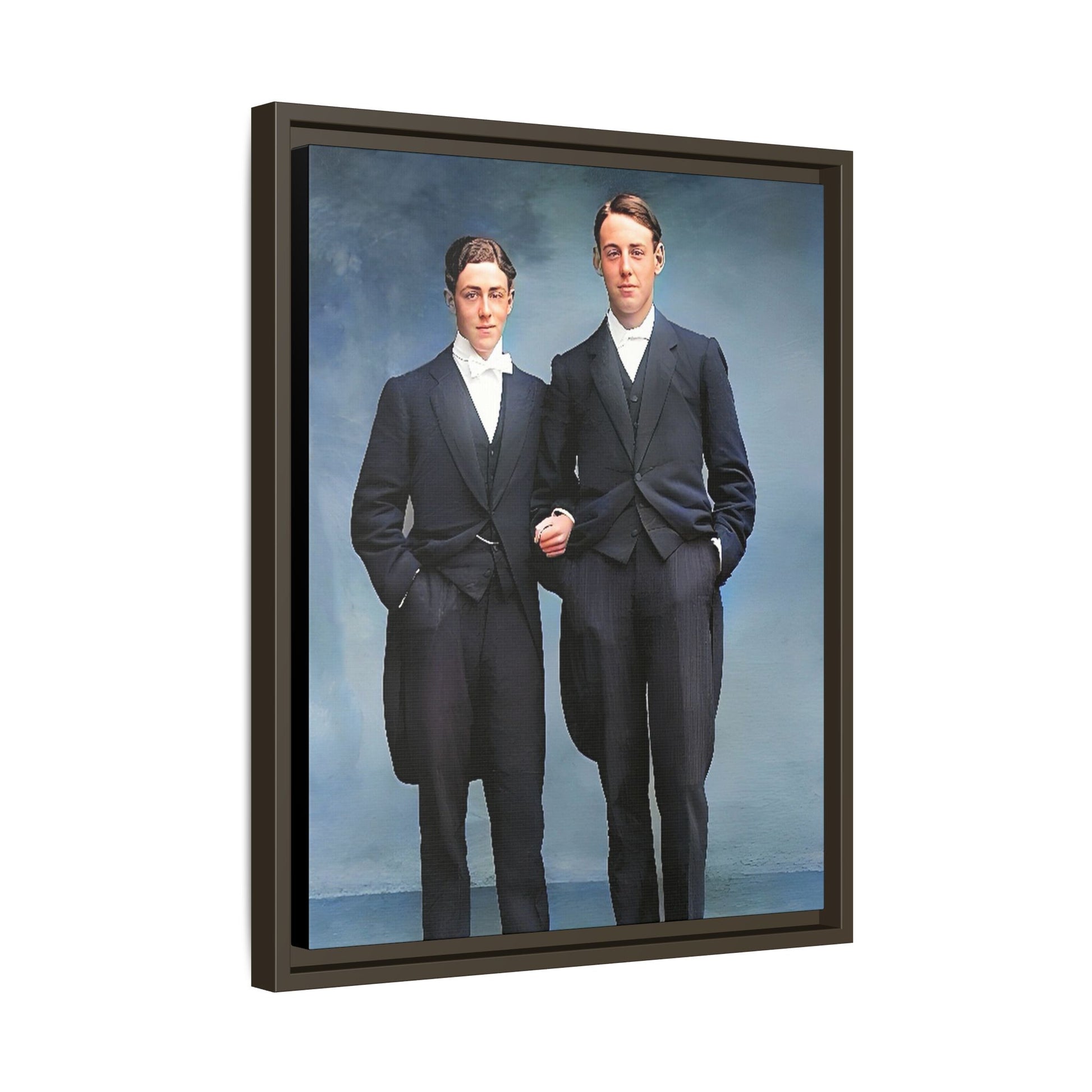 A framed vintage photo on matte canvas featuring a sophisticated LGBTQ+ couple in Rumson, NJ, capturing elegance and timeless love. Gay Formal Prom