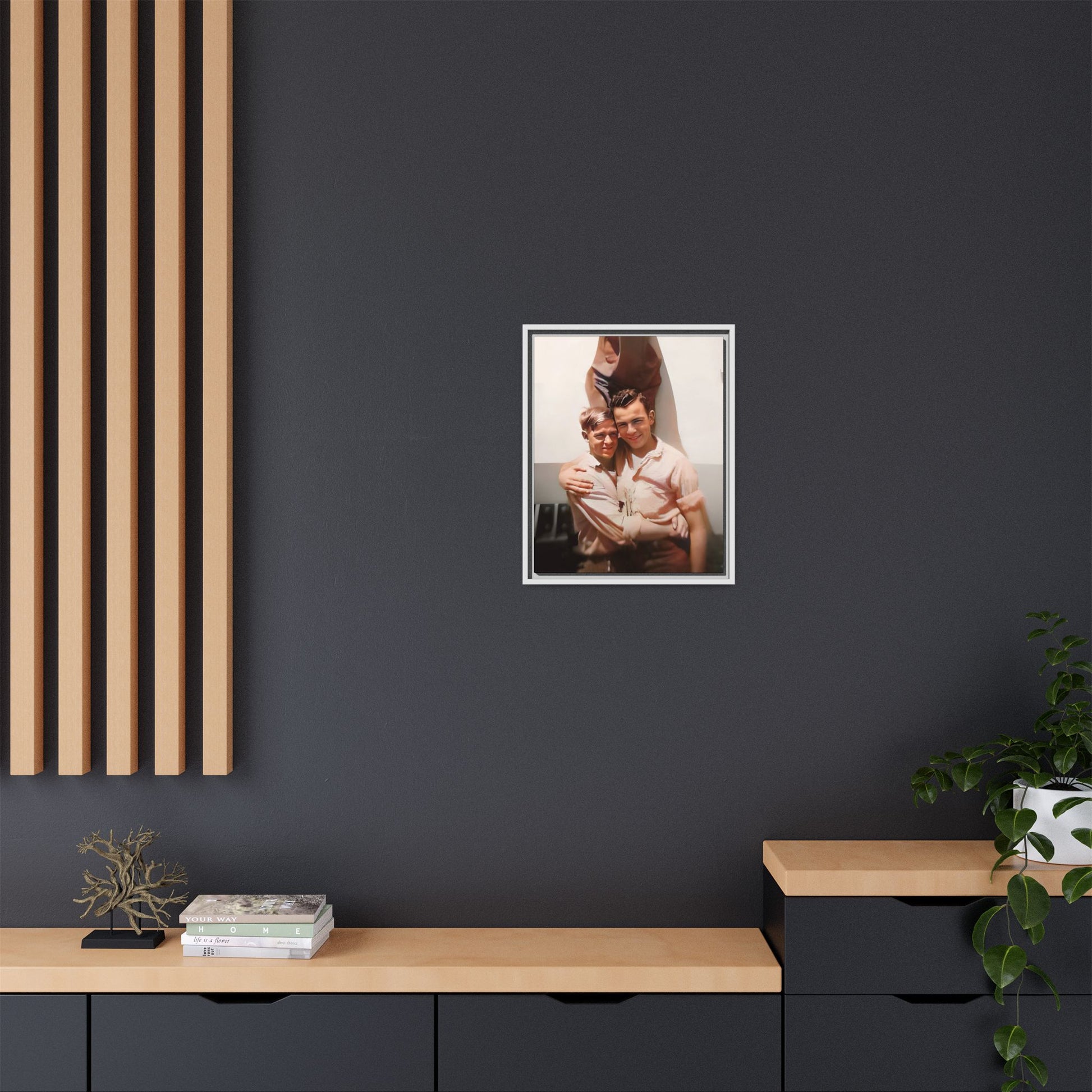 A framed vintage WWII-era portrait on matte canvas featuring Walter and Paul at Camp Shanks, NY, capturing love and resilience during wartime. Gay Couple