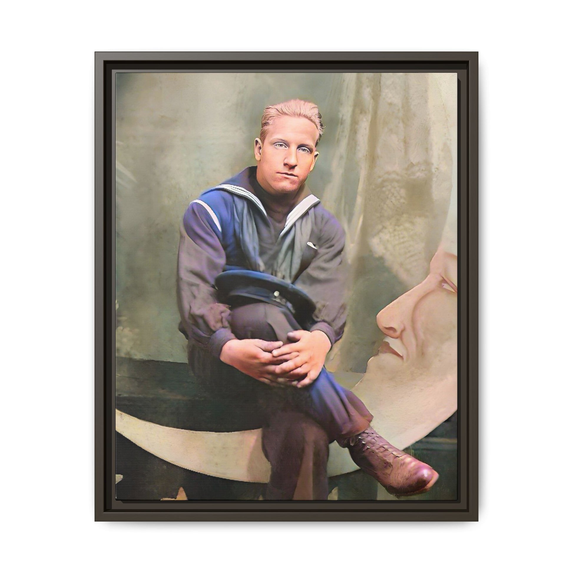 A vintage U.S. Navy sailor portrait featuring Jacob in uniform with a crescent moon backdrop. This framed matte canvas print is a timeless tribute to naval service, ideal for military history collectors, veterans, and nautical decor lovers. Art Deco Paper Moon Prop