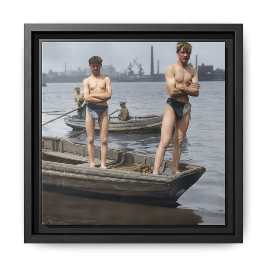 Framed matte canvas wall art showing an early harbor scene with swimmers and working boats