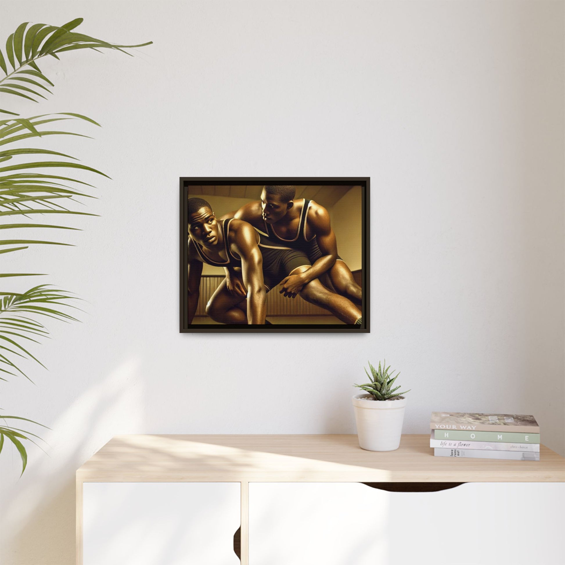 Framed artwork inspired by Grant Wood, showcasing African-American wrestlers in a vintage gymnasium setting. A powerful tribute to teamwork, resilience, and regionalist art.