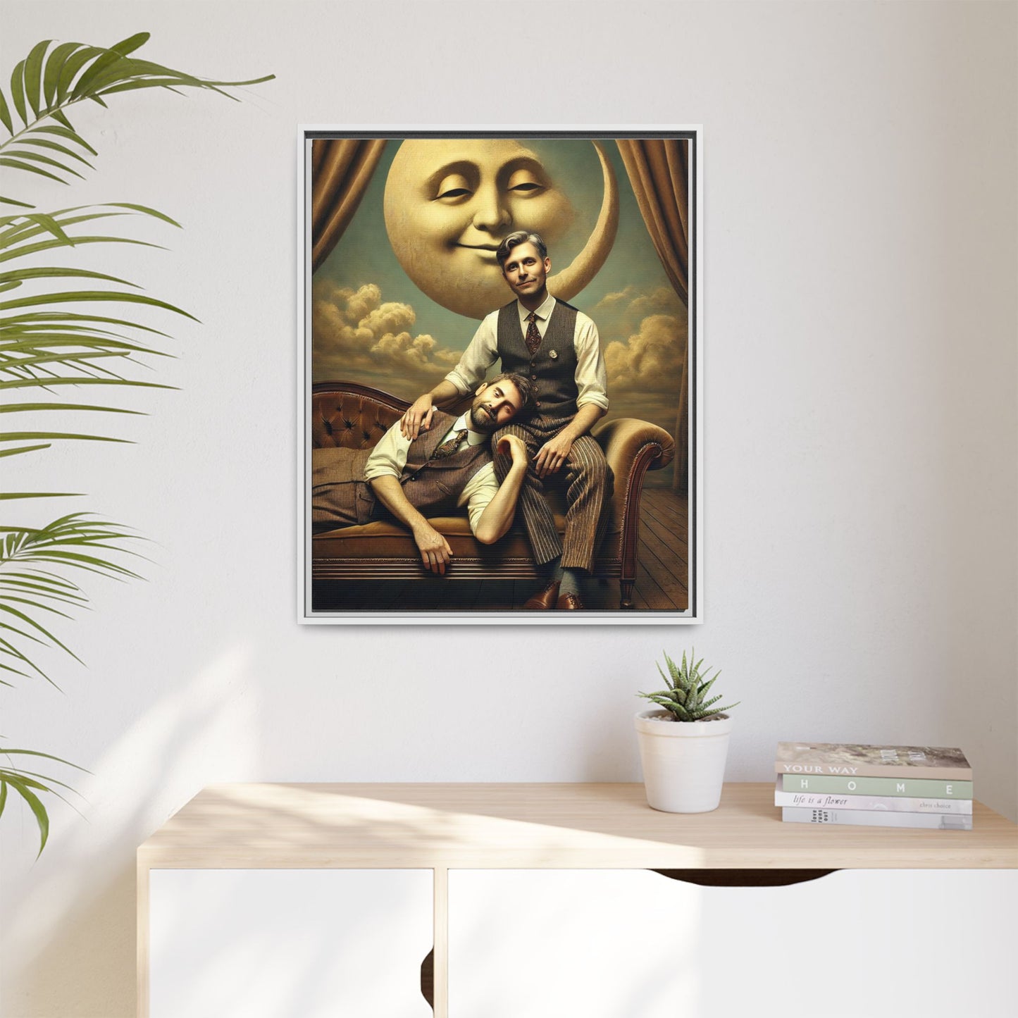 Vintage-style artwork of two men in 1920s clothing sitting close, one resting his head on the other’s lap beneath a smiling moon. Surrounded by theatrical curtains and clouds, this original piece honors lost queer love and challenges historical erasure with tenderness and pride.