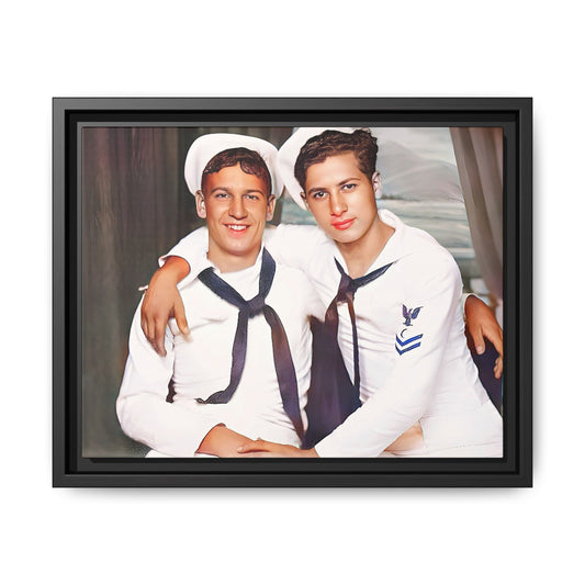 A restored vintage Navy portrait of Kenny and William at Fort Lee, Virginia. This framed matte canvas print honors military camaraderie, resilience, and LGBTQ+ history with a timeless tribute to friendship and love. Gay Couple Sailors Navy