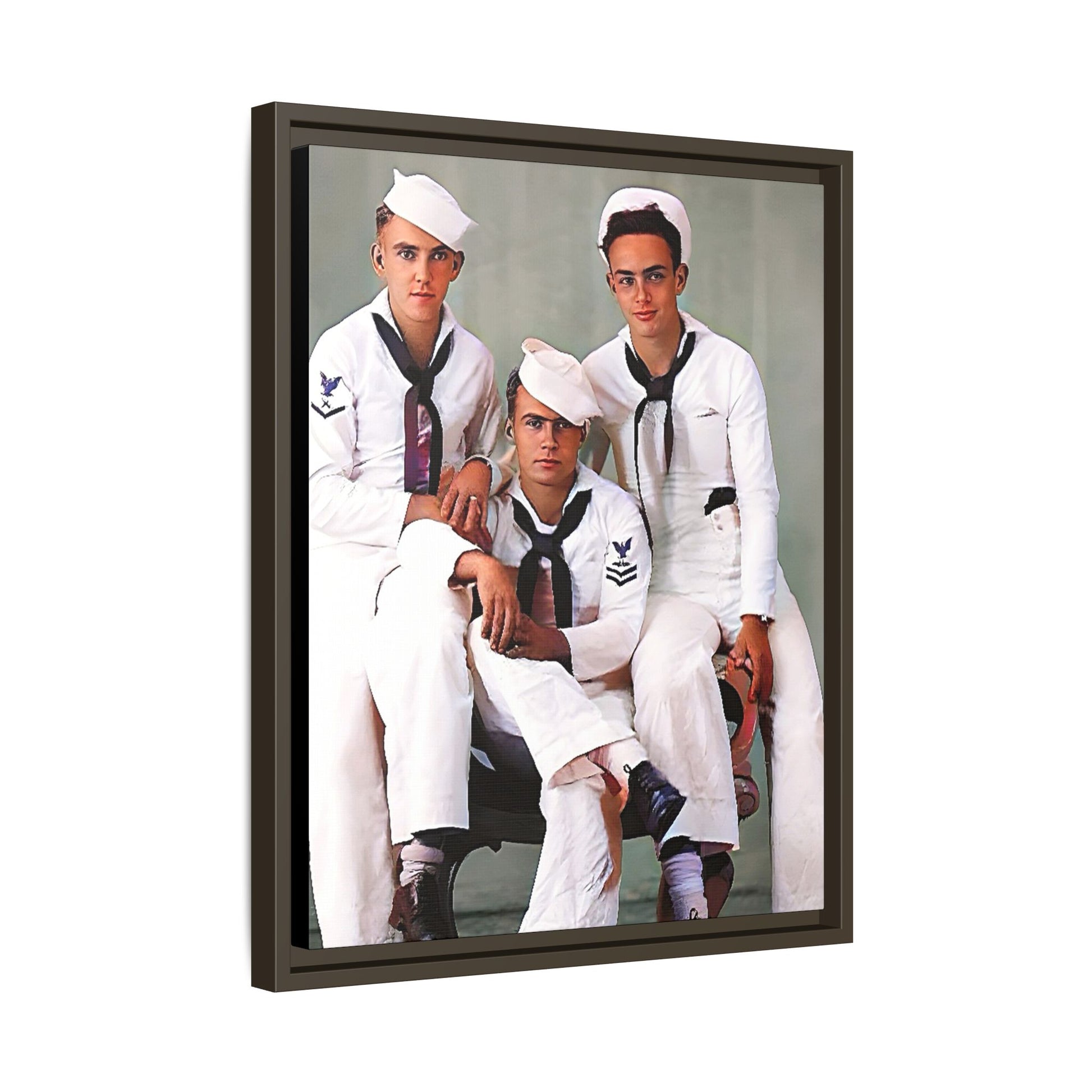 A restored vintage portrait of three sailors aboard the USS Alabama. This framed matte canvas honors naval history, camaraderie, and timeless service.