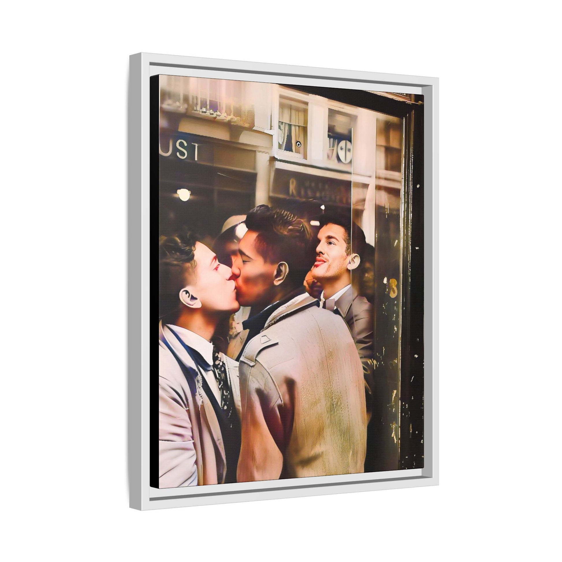 A restored 1950s LGBTQ+ couple portrait of Alejandro & Lorenzo at Mayfair Bar, NYC. A romantic queer history print on matte canvas, capturing love, resilience, and authenticity in a vibrant nightlife setting.