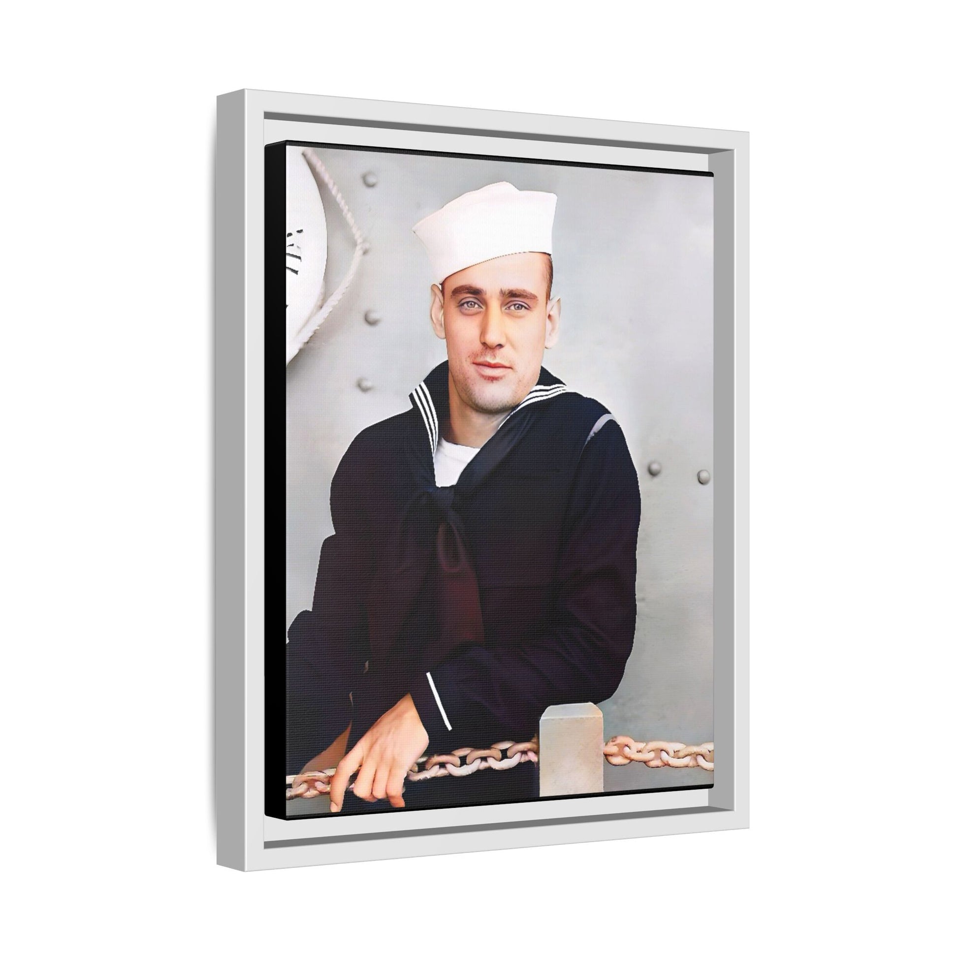 A restored vintage portrait of Francis aboard the USS Might. This framed matte canvas captures naval history, service, and timeless duty.