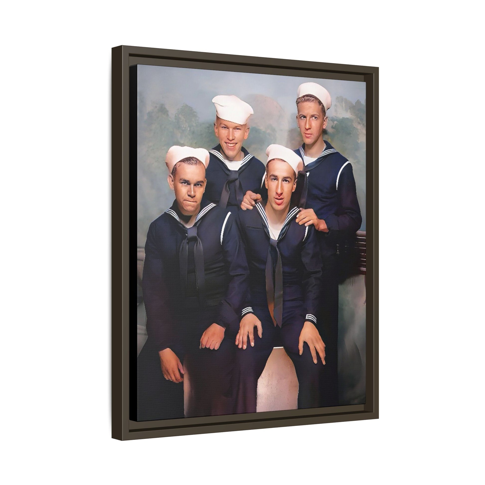 A framed vintage naval portrait on matte canvas featuring four sailors at Naval Station Great Lakes, capturing unity, service, and military pride.