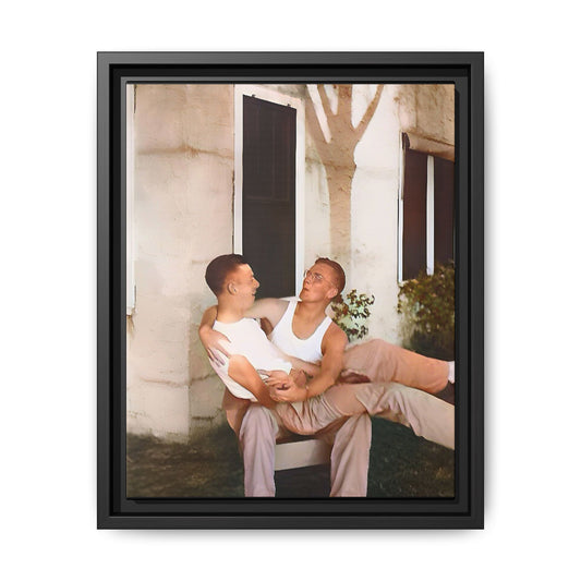 A vintage photograph of Donald and Joseph, two men embracing with joy in 1930s New Orleans. Captured in warm sunlight against a rustic Louisiana home, this intimate portrait celebrates LGBTQ+ history, love, and the beauty of unspoken connection. Gay Couple