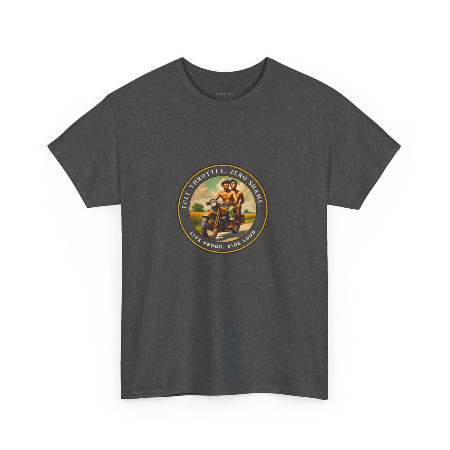 Vintage-inspired LGBTQ+ pride t-shirt featuring a 1930s-style image of two shirtless Asian men riding a motorcycle. With affirmations like “Full Throttle. Zero Shame” and “Live Proud. Ride Loud,” this tee honors queer freedom, Asian pride, and bold love.