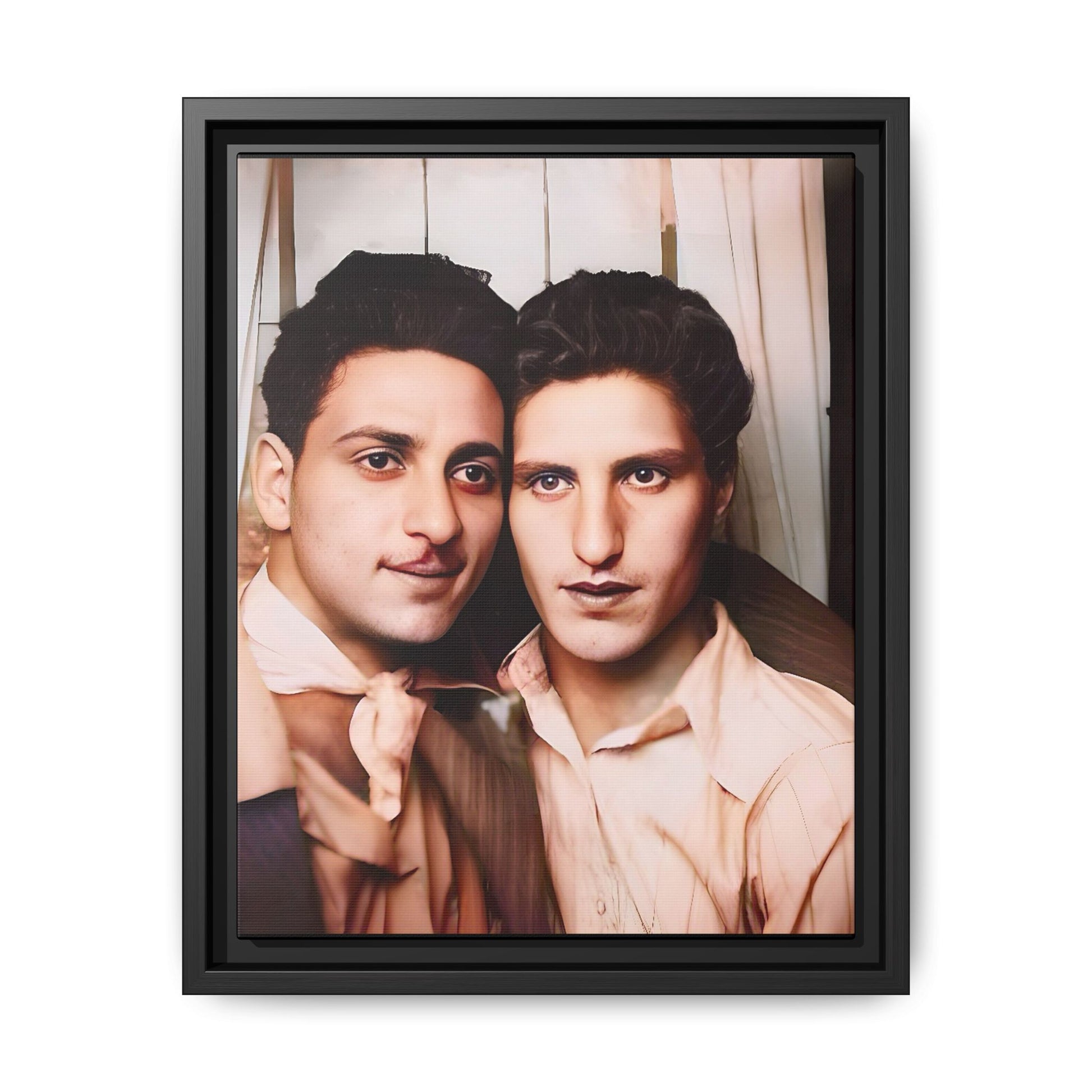 A framed vintage photo booth portrait on matte canvas featuring Juan and Lawrence in Santa Monica, California, capturing timeless LGBTQ+ love and companionship. Gay Couple