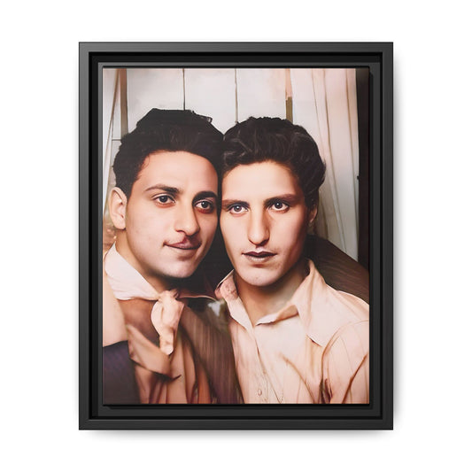 A framed vintage photo booth portrait on matte canvas featuring Juan and Lawrence in Santa Monica, California, capturing timeless LGBTQ+ love and companionship. Gay Couple