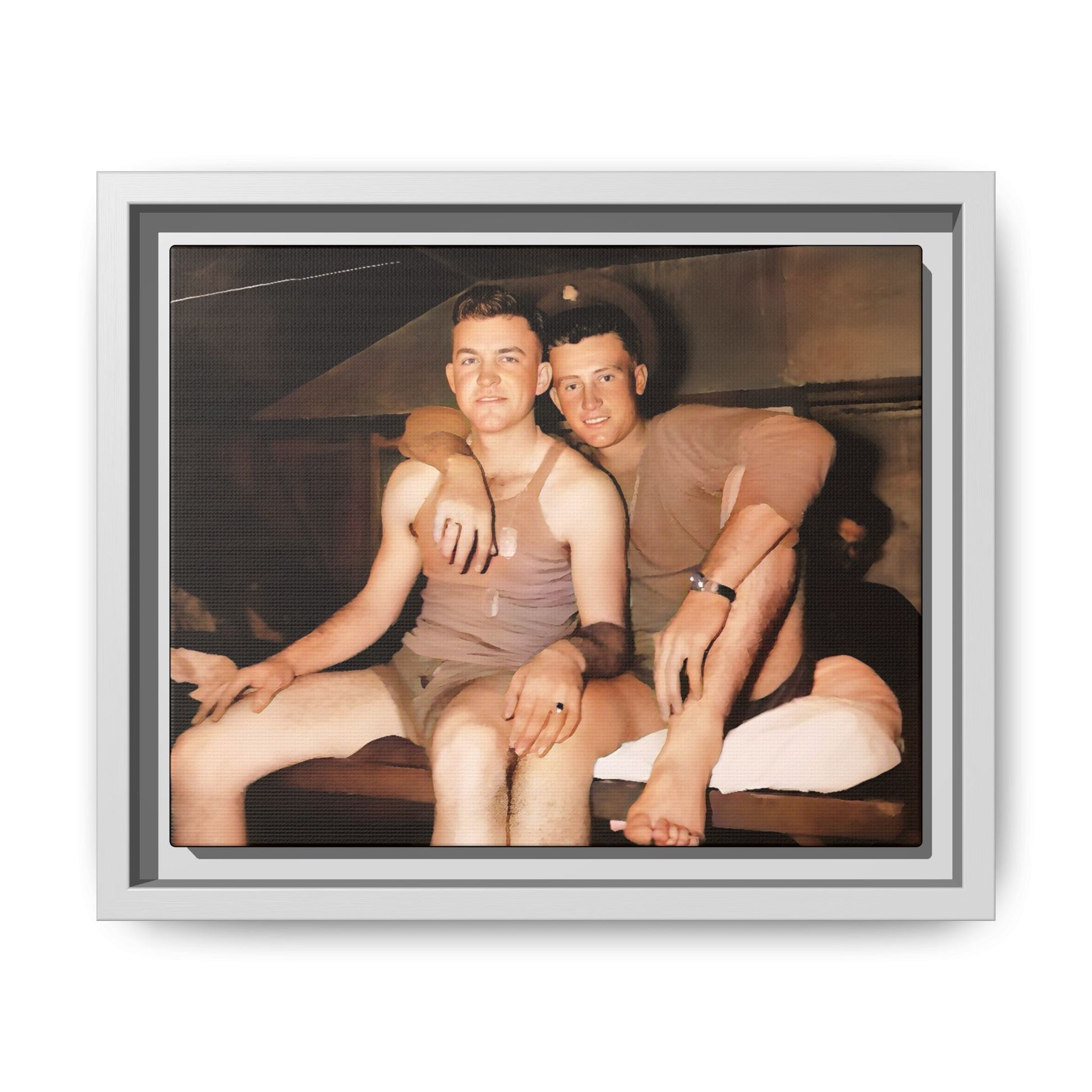Barracks, Oahu. This framed canvas print honors LGBTQ+ history, military camaraderie, and timeless love, making it a unique and meaningful piece for collectors and history enthusiasts.