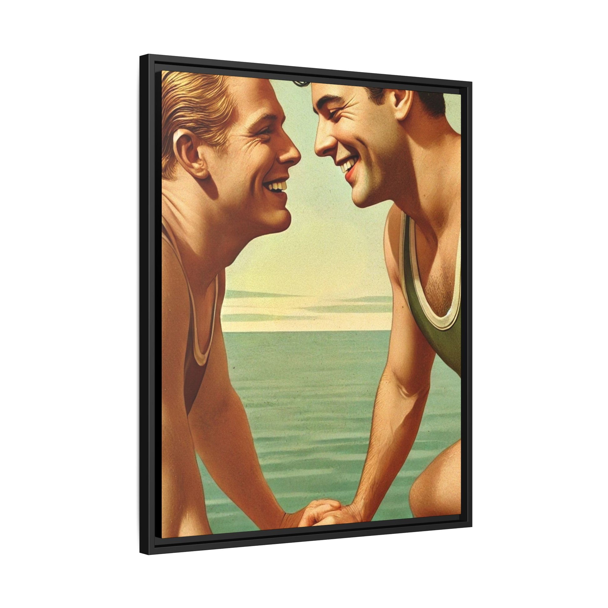 Vintage-style artwork of a joyful 1930s moment between a gay couple by the lake, dressed in classic swimwear and sharing warm smiles. Set on a serene wooden dock, this piece captures love, companionship, and LGBTQ+ history in an idyllic, nostalgic summer setting.