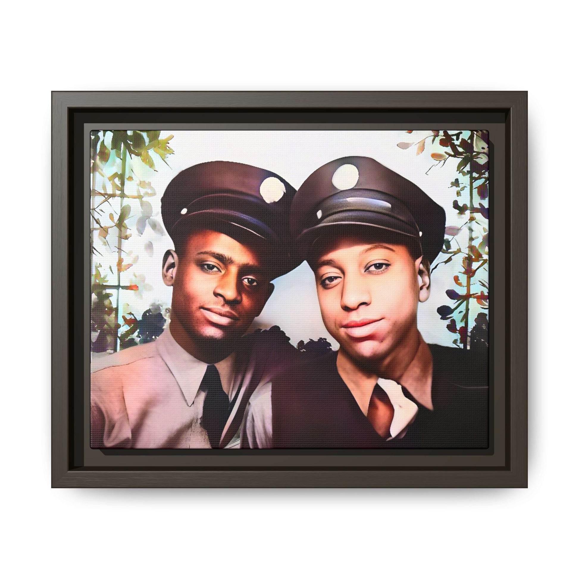 Vintage portrait of Deion & Marcus in Lexington, KY. Framed matte canvas celebrating African-American LGBTQ+ history, showcasing unity and timeless love. Perfect for collectors, art enthusiasts, and those honoring diversity and inclusion through decor.