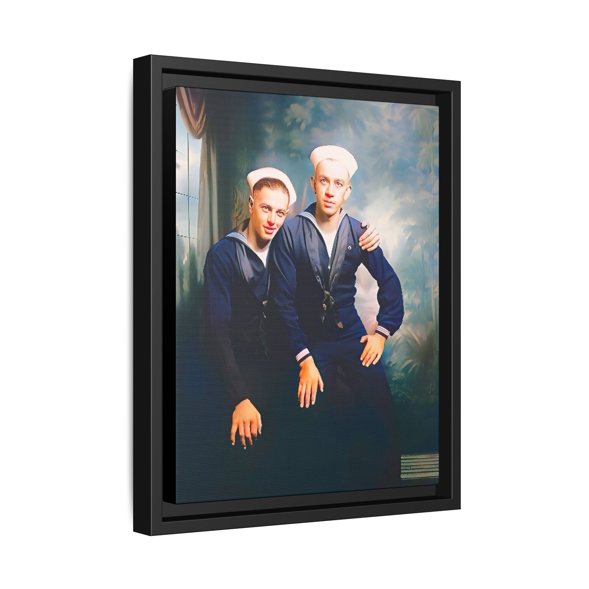 A restored vintage naval portrait of Thomas & Ervin at Naval Station Newport, Rhode Island. This framed matte canvas honors LGBTQ+ history, military service, and timeless camaraderie. Gay Couple