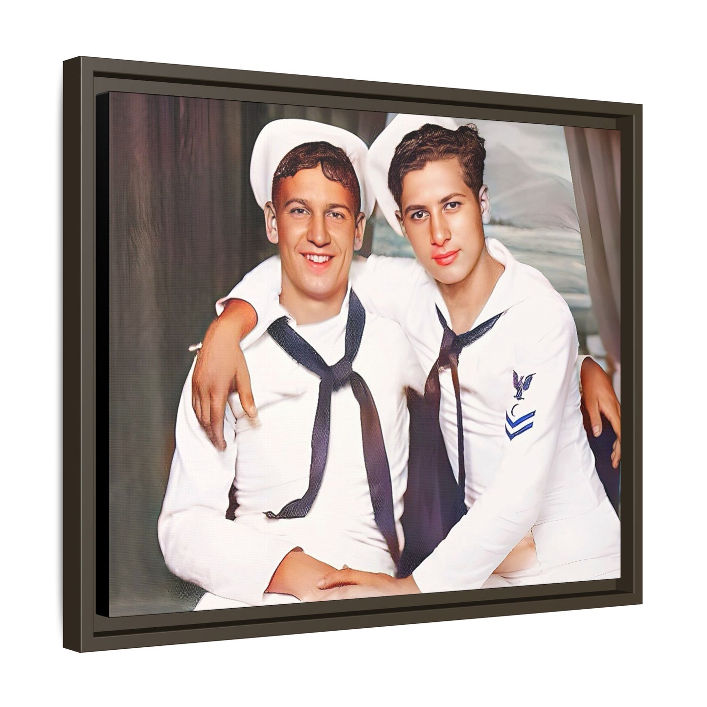 A restored vintage Navy portrait of Kenny and William at Fort Lee, Virginia. This framed matte canvas print honors military camaraderie, resilience, and LGBTQ+ history with a timeless tribute to friendship and love. Gay Couple Sailors Navy