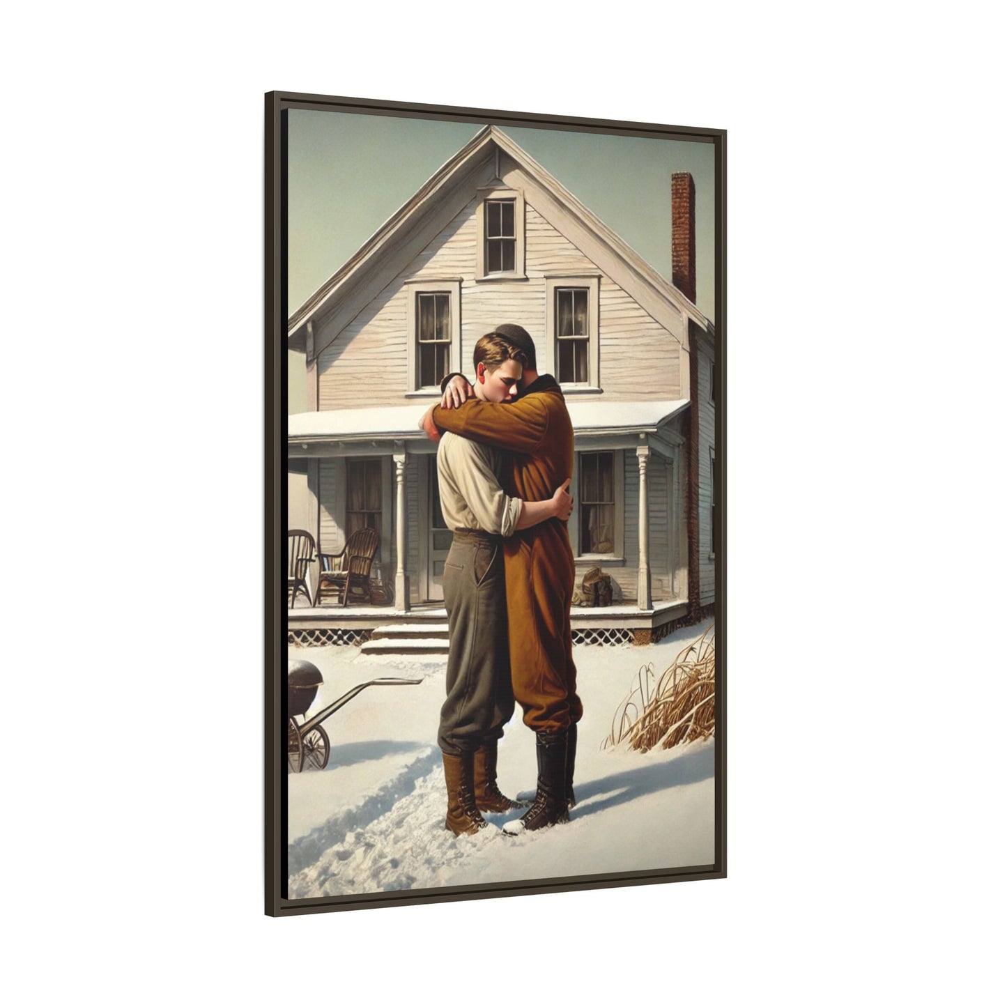 Artwork of a tender moment between a gay couple embracing outside a farmhouse in a snowy, rural landscape. Dressed in vintage attire, the two men find warmth and comfort in each other’s arms, capturing love and connection in a serene, Americana winter setting