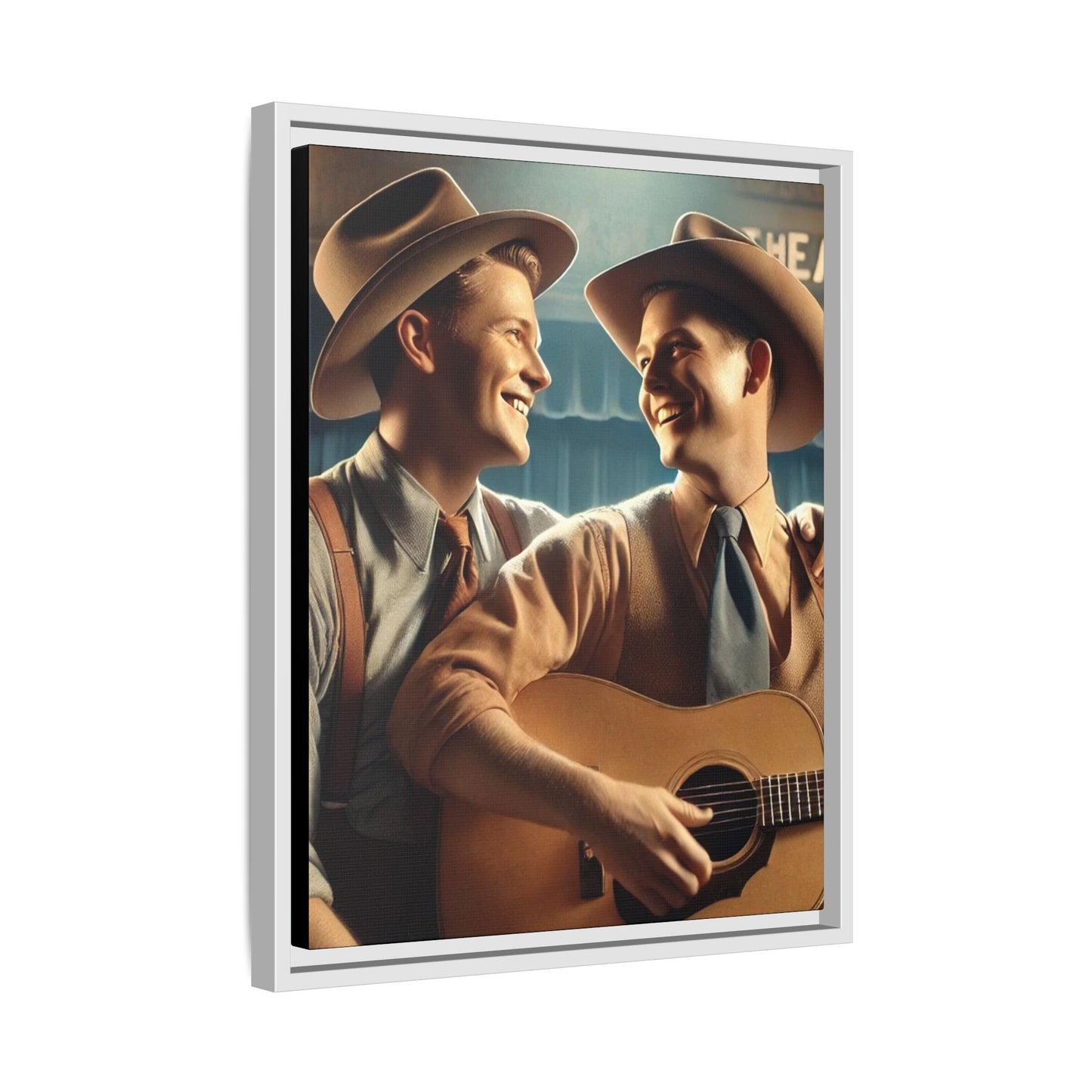 Artwork of a gay couple recording a country-western song in a 1930s-style studio. Dressed in classic Western attire with wide-brimmed hats and button-up shirts, the two men share an affectionate gaze, capturing love and unity in a nostalgic, vintage setting.