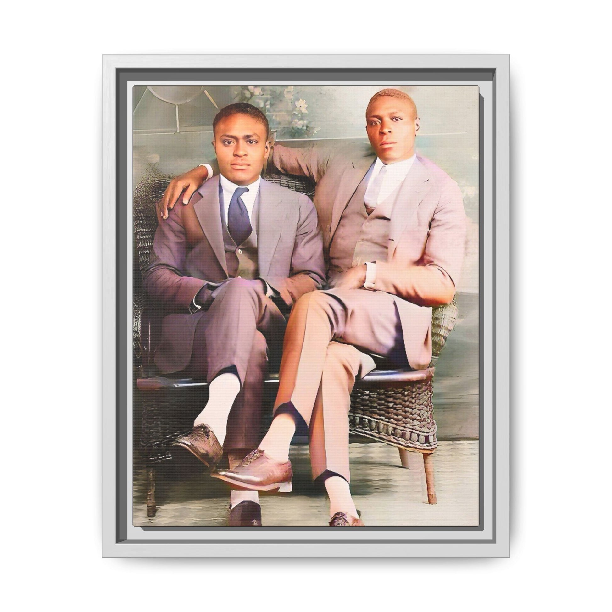 Restored vintage portrait of Walter & George, an African American gay couple seated in Birmingham AL, framed canvas art. Gay Juneteenth Black Love History Month
