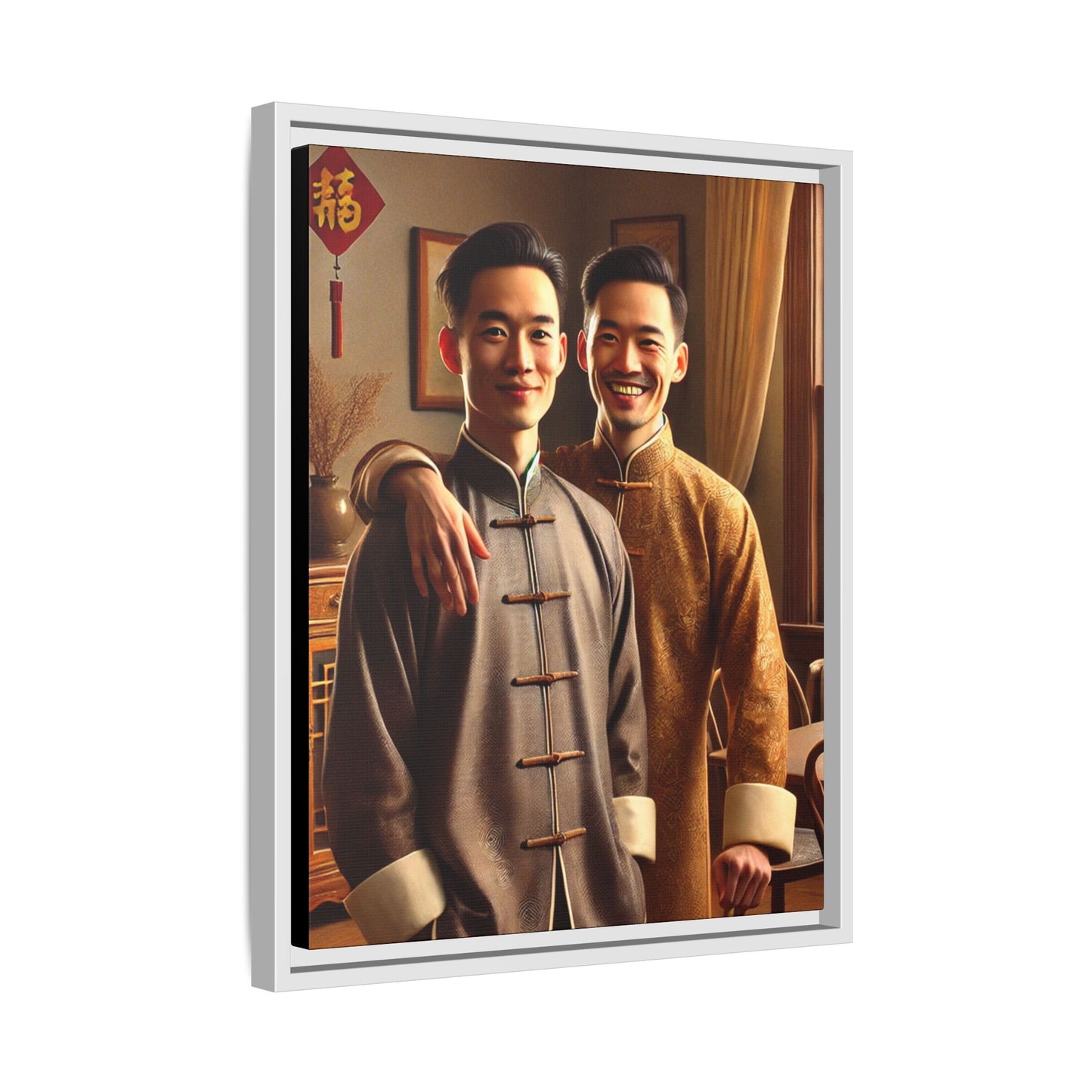 Artwork featuring a joyful portrait of a Chinese queer couple celebrating Chinese New Year in traditional attire. Set in a cozy American home adorned with subtle decorations, this image captures love, cultural pride, and warmth, blending Chinese heritage with a Midwestern setting