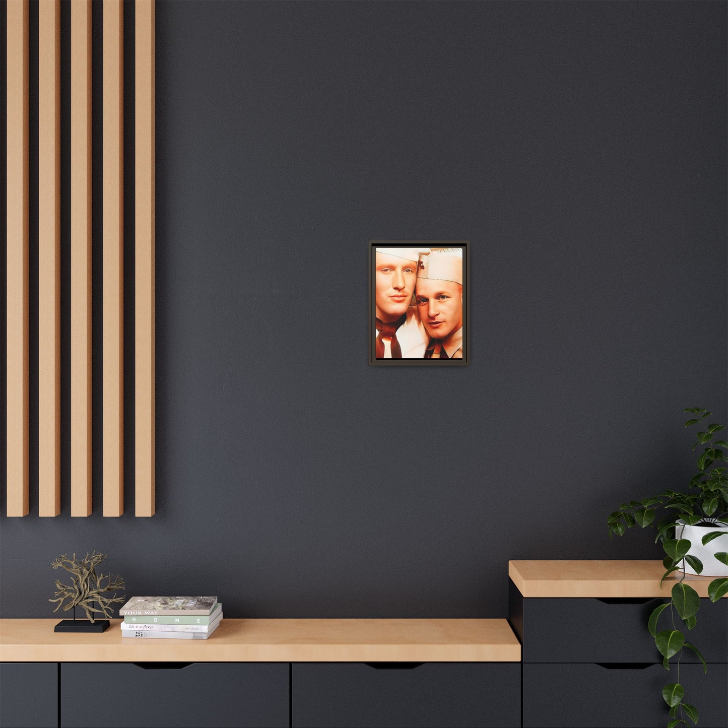 Vintage Gay photo booth portrait of Glenn & Sidney in Nantucket, MA. A heartwarming tribute to queer history, captured in a candid embrace. Available as a matte canvas print, perfect for celebrating love, identity, and nostalgia. Military Portrait