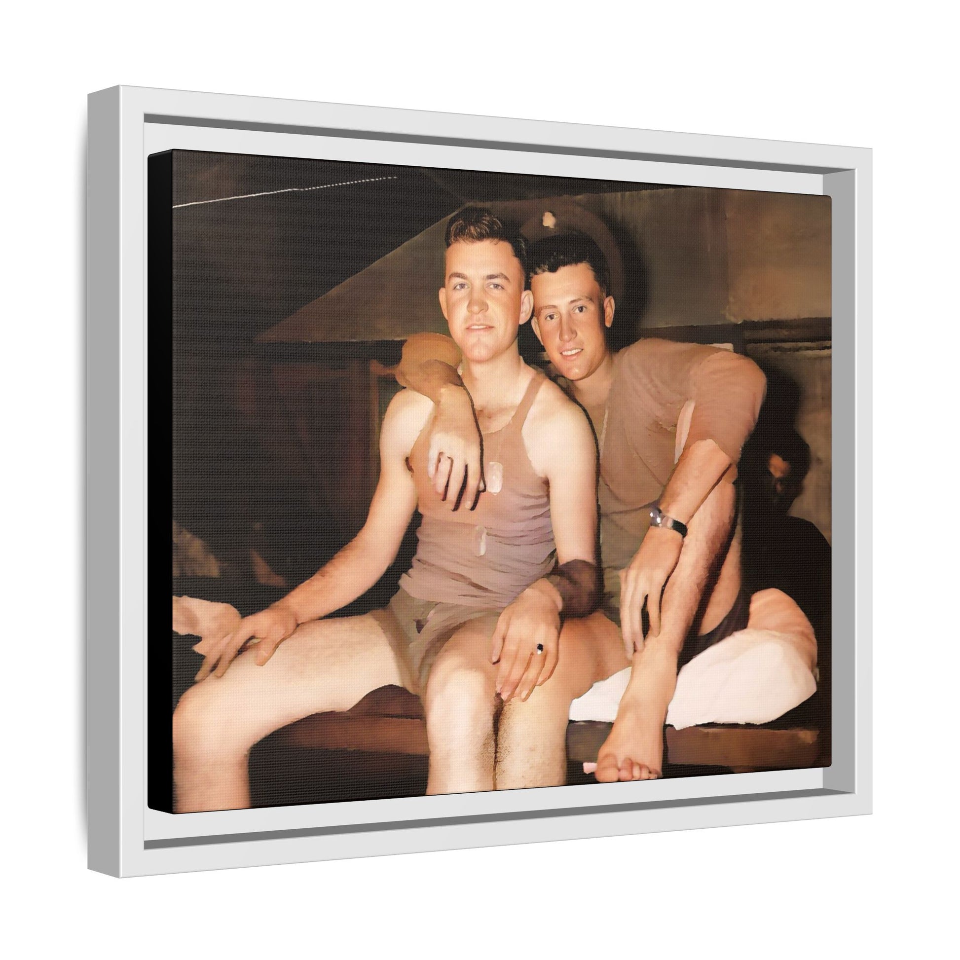 Barracks, Oahu. This framed canvas print honors LGBTQ+ history, military camaraderie, and timeless love, making it a unique and meaningful piece for collectors and history enthusiasts.