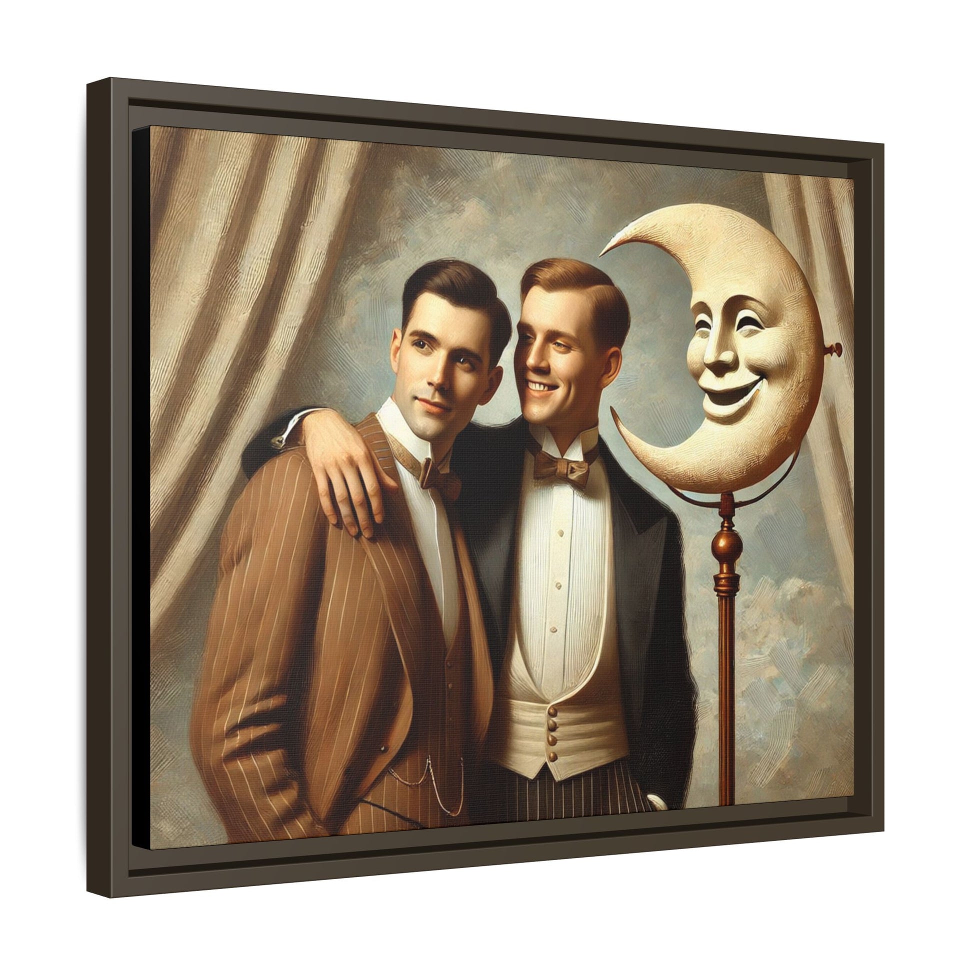 Framed matte canvas artwork of two men in vintage tuxedos standing beside a crescent moon prop. This piece reclaims LGBTQ+ representation lost to bias and honors everyday moments of affection and connection once absent from historical archives.