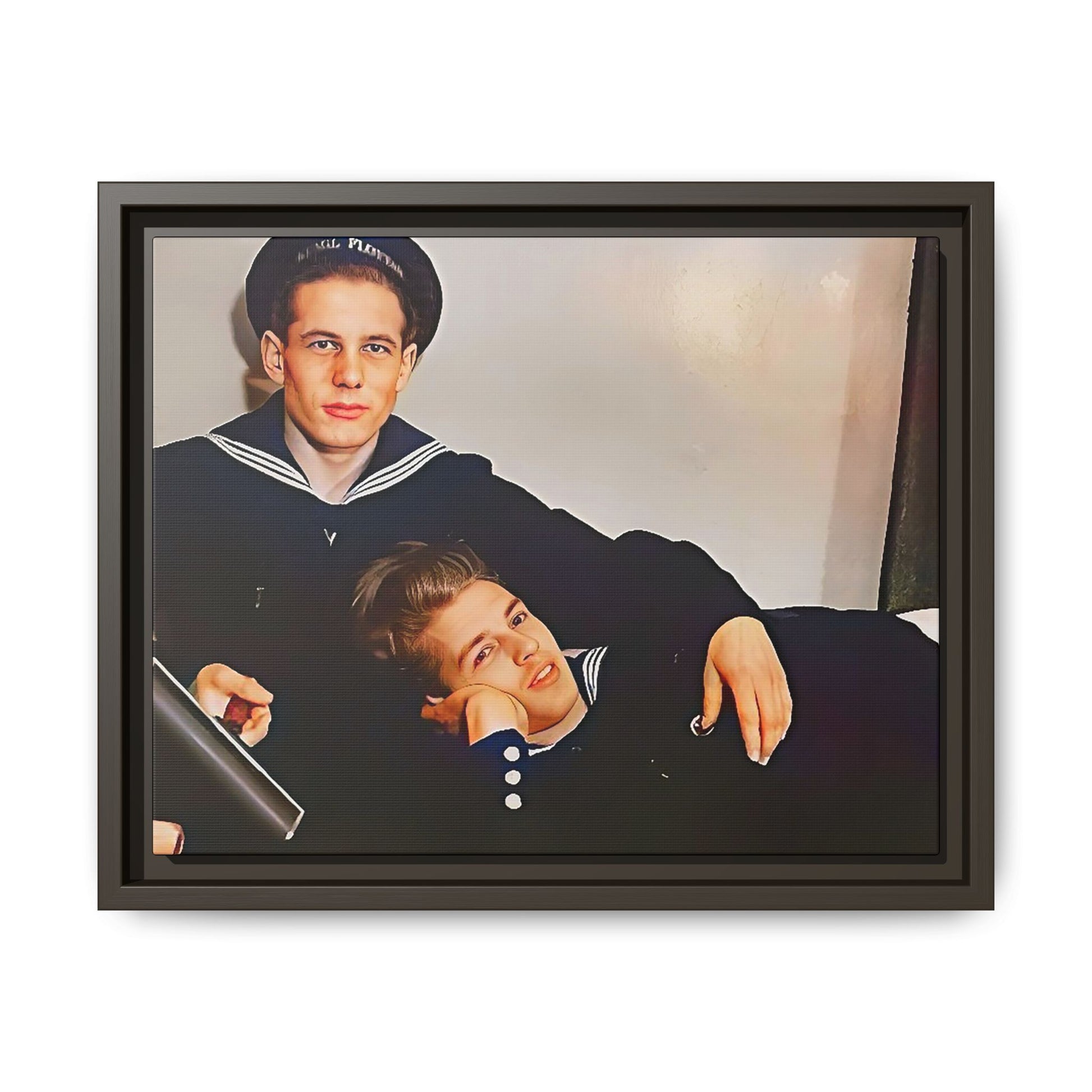 Framed vintage gay sailor portrait of Dmitriy and Mischa in navy uniforms, Sochi, Russia