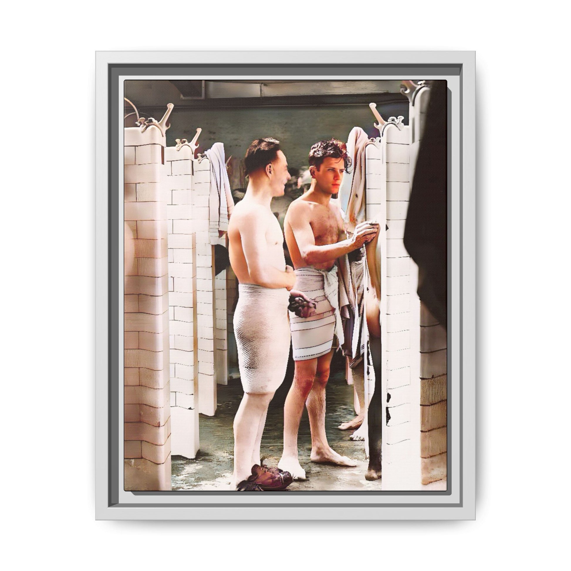 A restored and colorized vintage photo of Everard Baths in Manhattan, NYC. This framed matte canvas print celebrates LGBTQ+ history, capturing the spirit of camaraderie, liberation, and hidden stories from the past.