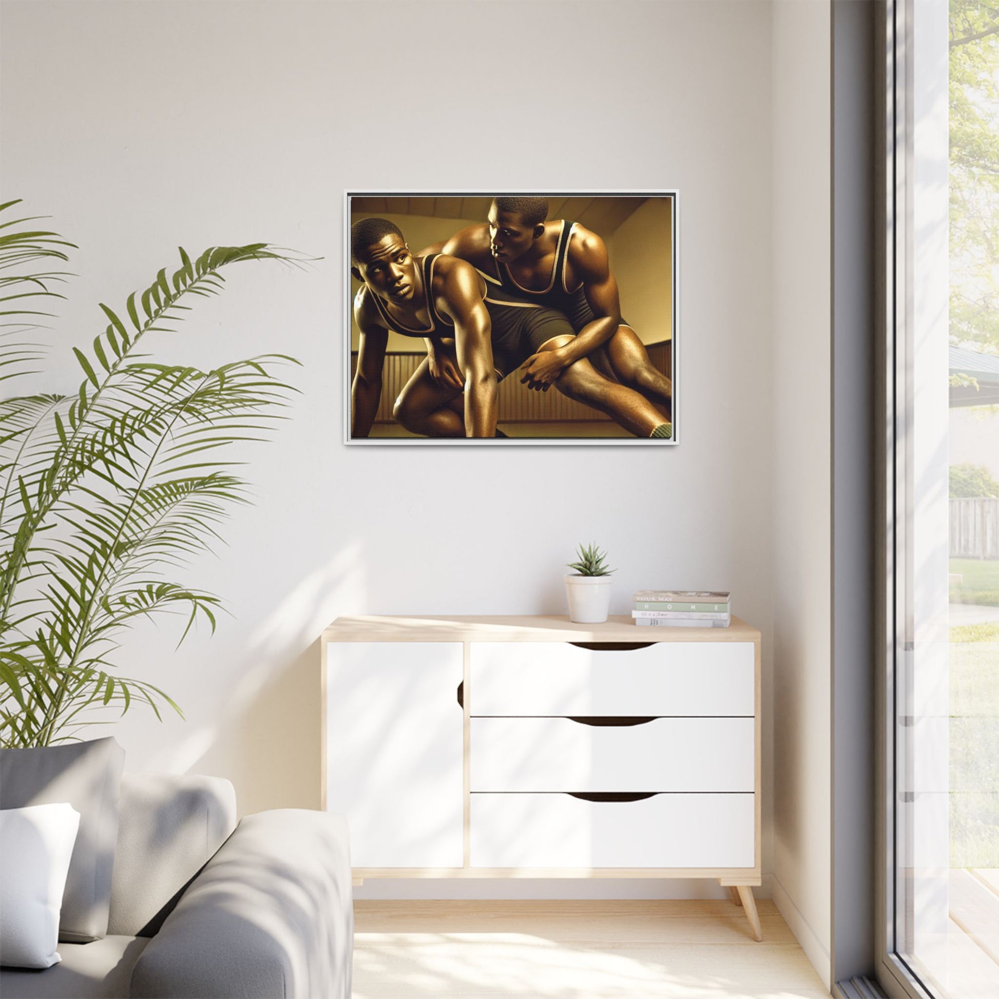 Framed artwork inspired by Grant Wood, showcasing African-American wrestlers in a vintage gymnasium setting. A powerful tribute to teamwork, resilience, and regionalist art.