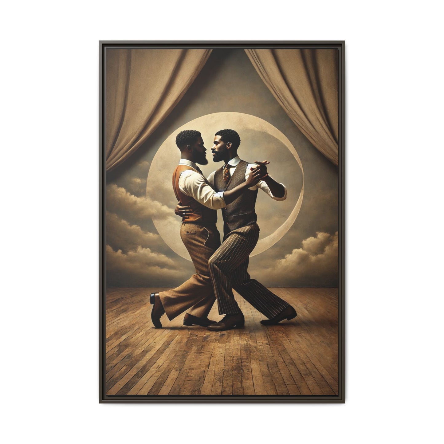 Original artwork of two Black men ballroom dancing in vintage 1920s suits under a glowing moon backdrop. A romantic and powerful tribute to queer love and Black history that reclaims moments lost to systemic bias and cultural erasure.
