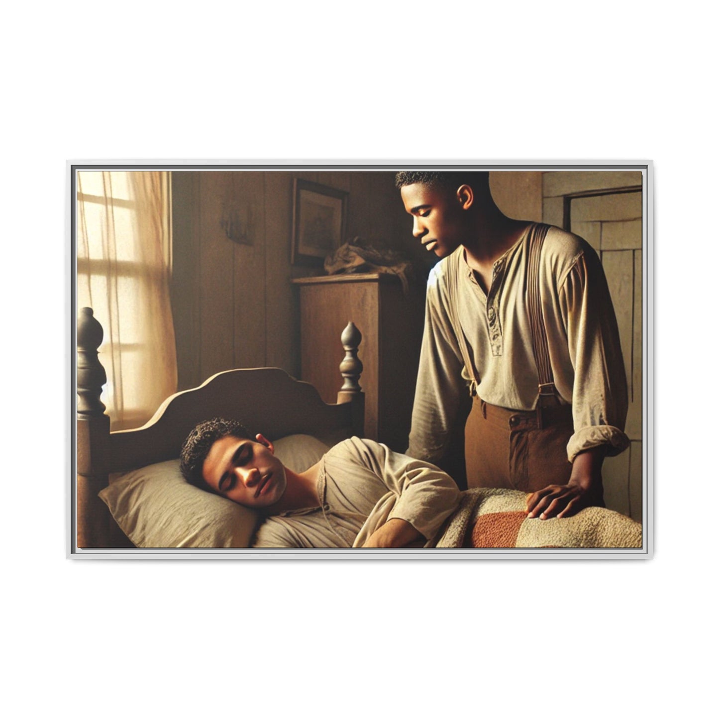 Grant 007 artwork depicting an African-American queer couple in a tender, intimate moment within a rustic bedroom. This scene, bathed in warm, nostalgic light, captures the love and quiet resilience of rural life, celebrating LGBTQ+ representation and African-American heritage.