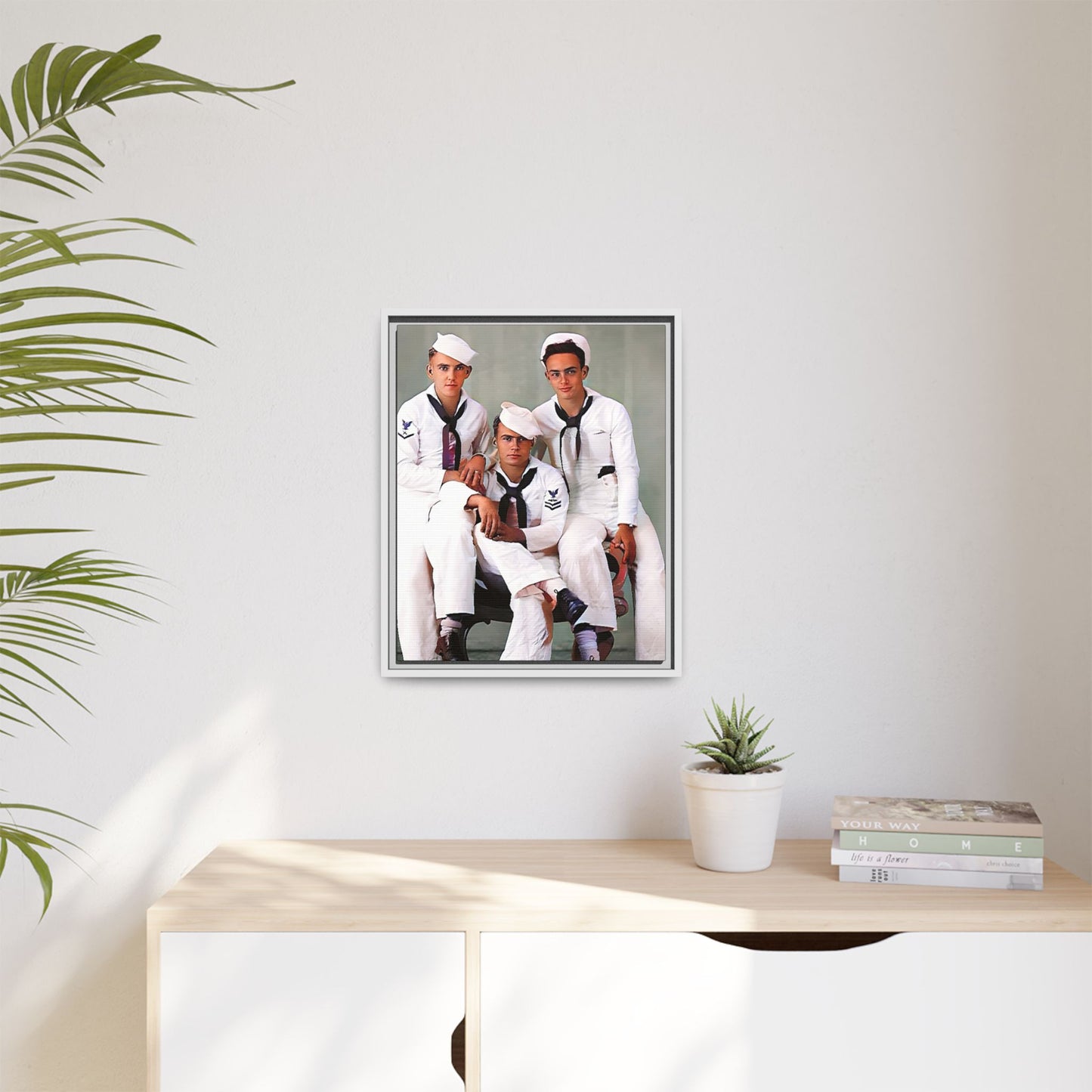 A restored vintage portrait of three sailors aboard the USS Alabama. This framed matte canvas honors naval history, camaraderie, and timeless service.