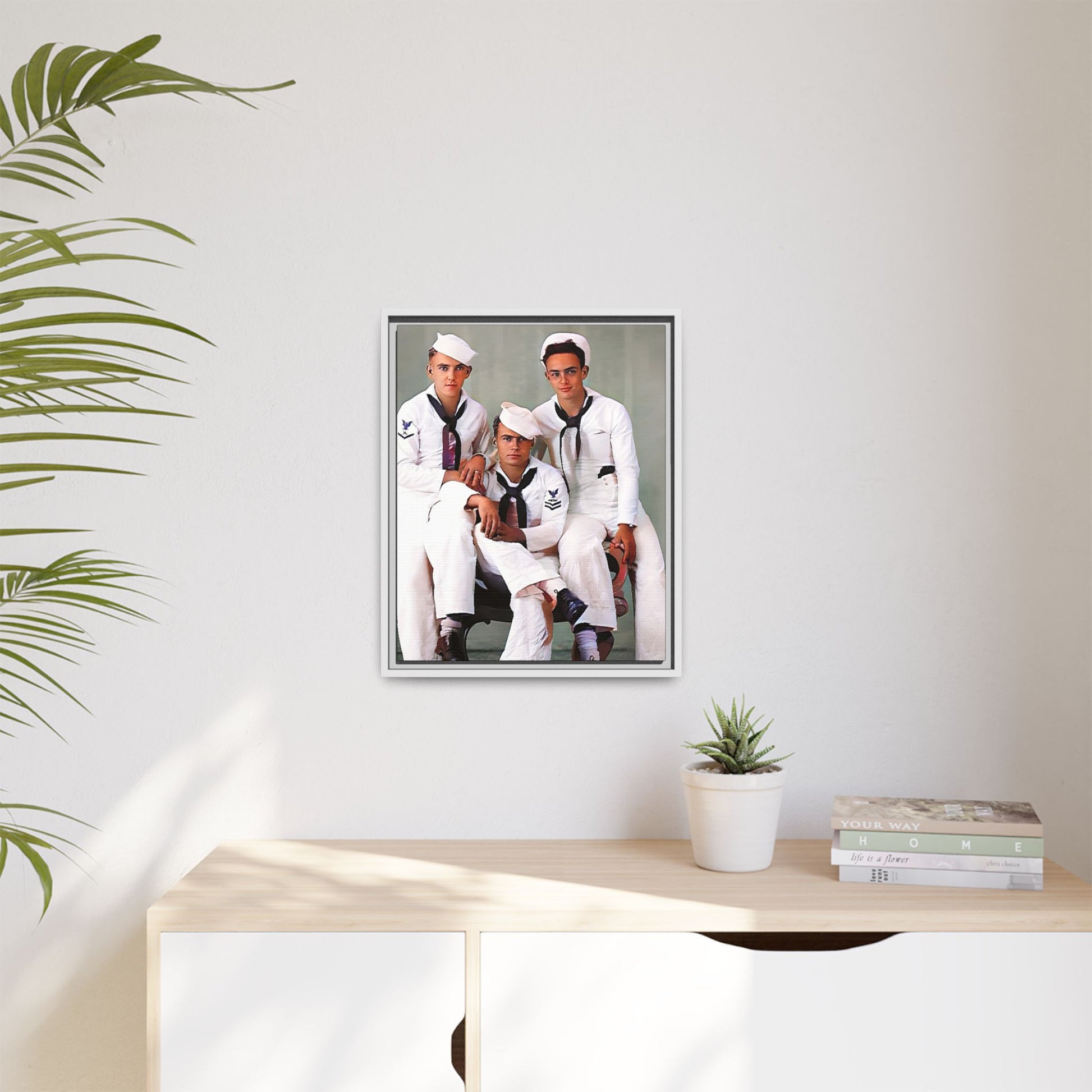 A restored vintage portrait of three sailors aboard the USS Alabama. This framed matte canvas honors naval history, camaraderie, and timeless service.