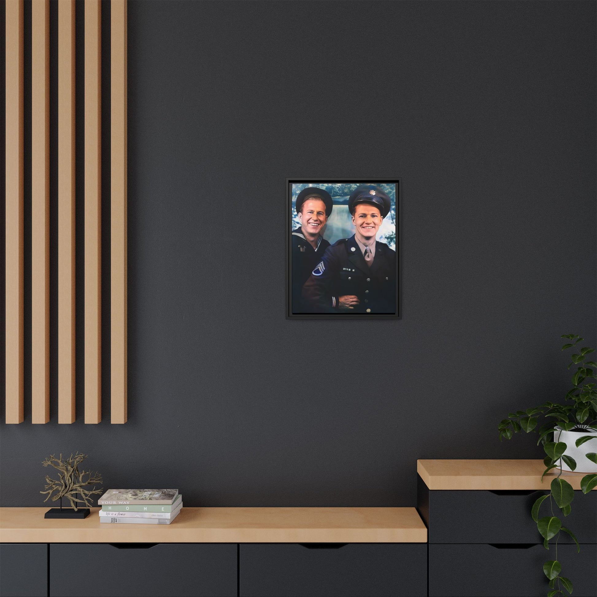 A framed vintage military portrait on matte canvas featuring a sailor and a soldier in Scapa Flow, Scotland, symbolizing service and camaraderie. Gay Couple