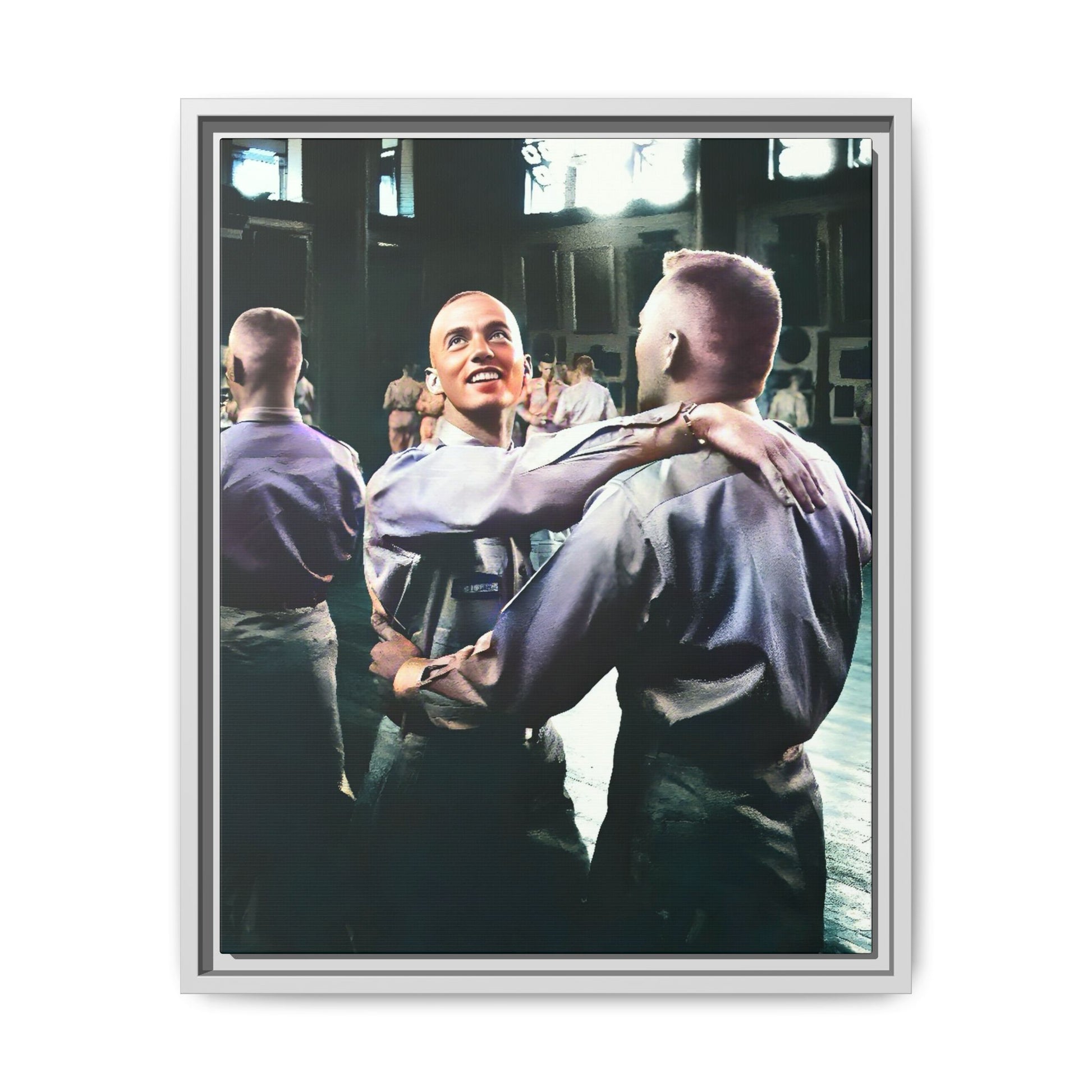 Restored mid-20th century photo of two men dancing at a USO event in Fort Belvoir, celebrating LGBTQ+ love and resilience, framed as wall décor Gay Couple
