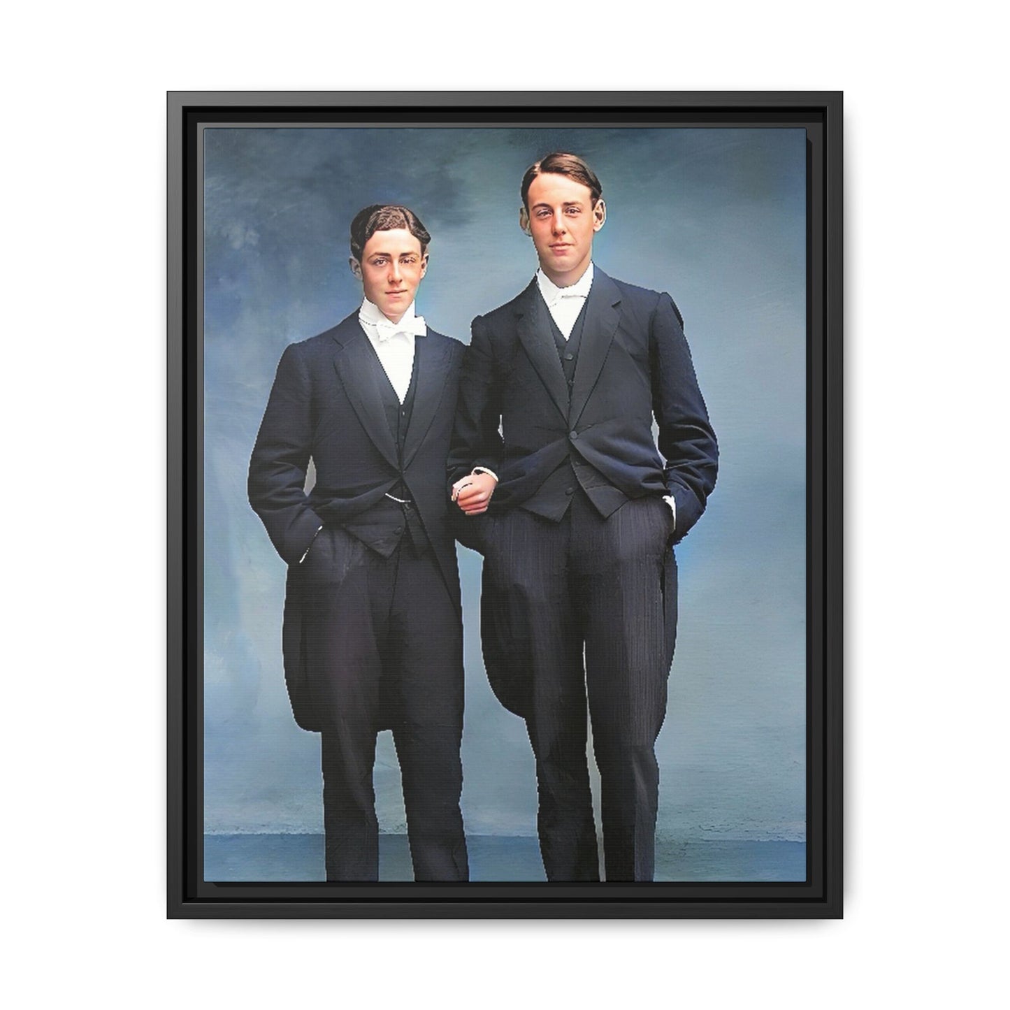 A framed vintage photo on matte canvas featuring a sophisticated LGBTQ+ couple in Rumson, NJ, capturing elegance and timeless love. Gay Formal Prom