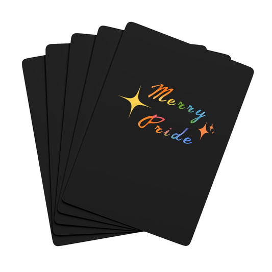Merry Pride Poker Cards featuring rainbow-colored lettering, festive stars, and a sleek black background celebrating LGBTQ+ joy