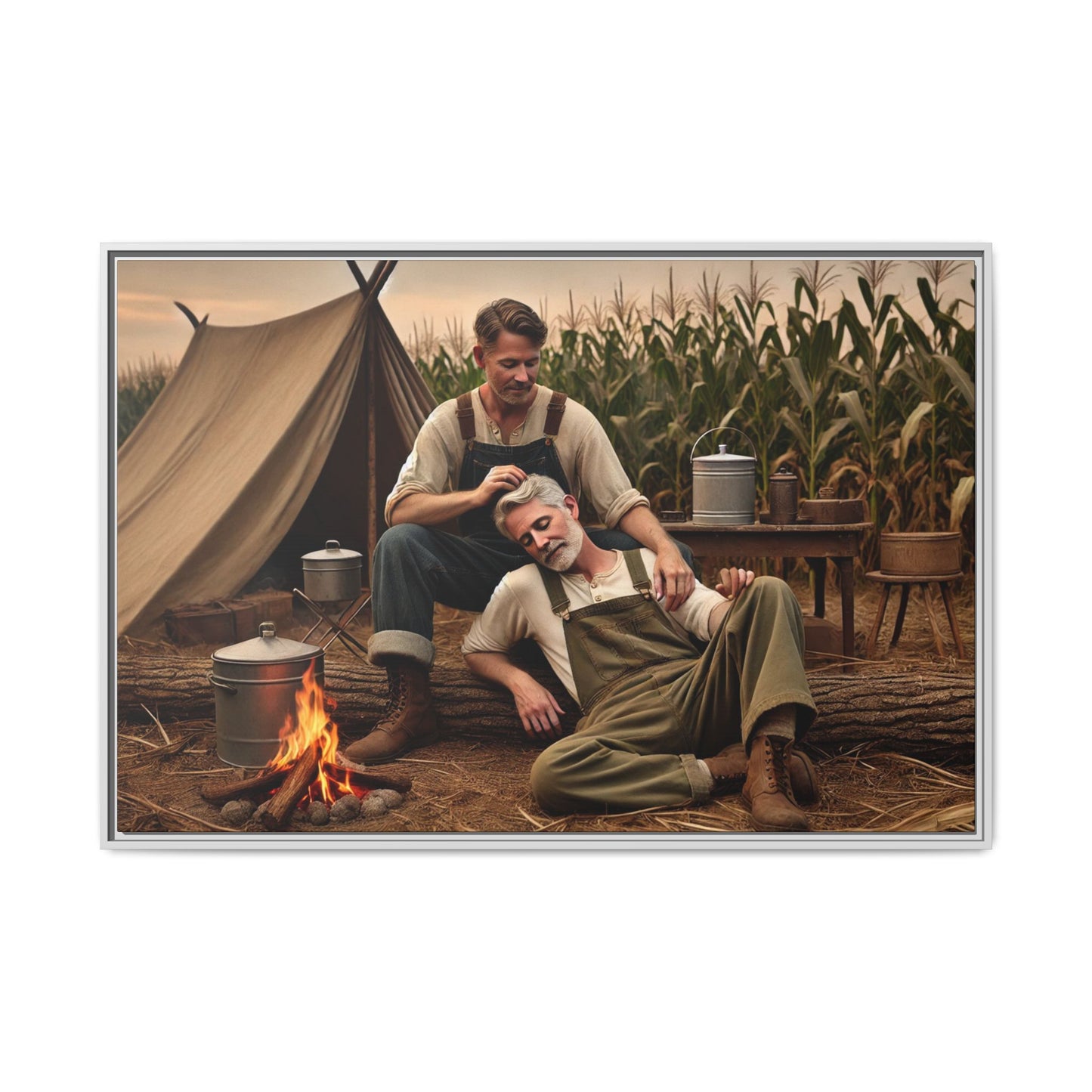 Older queer couple sharing a tender moment by the campfire, celebrating love