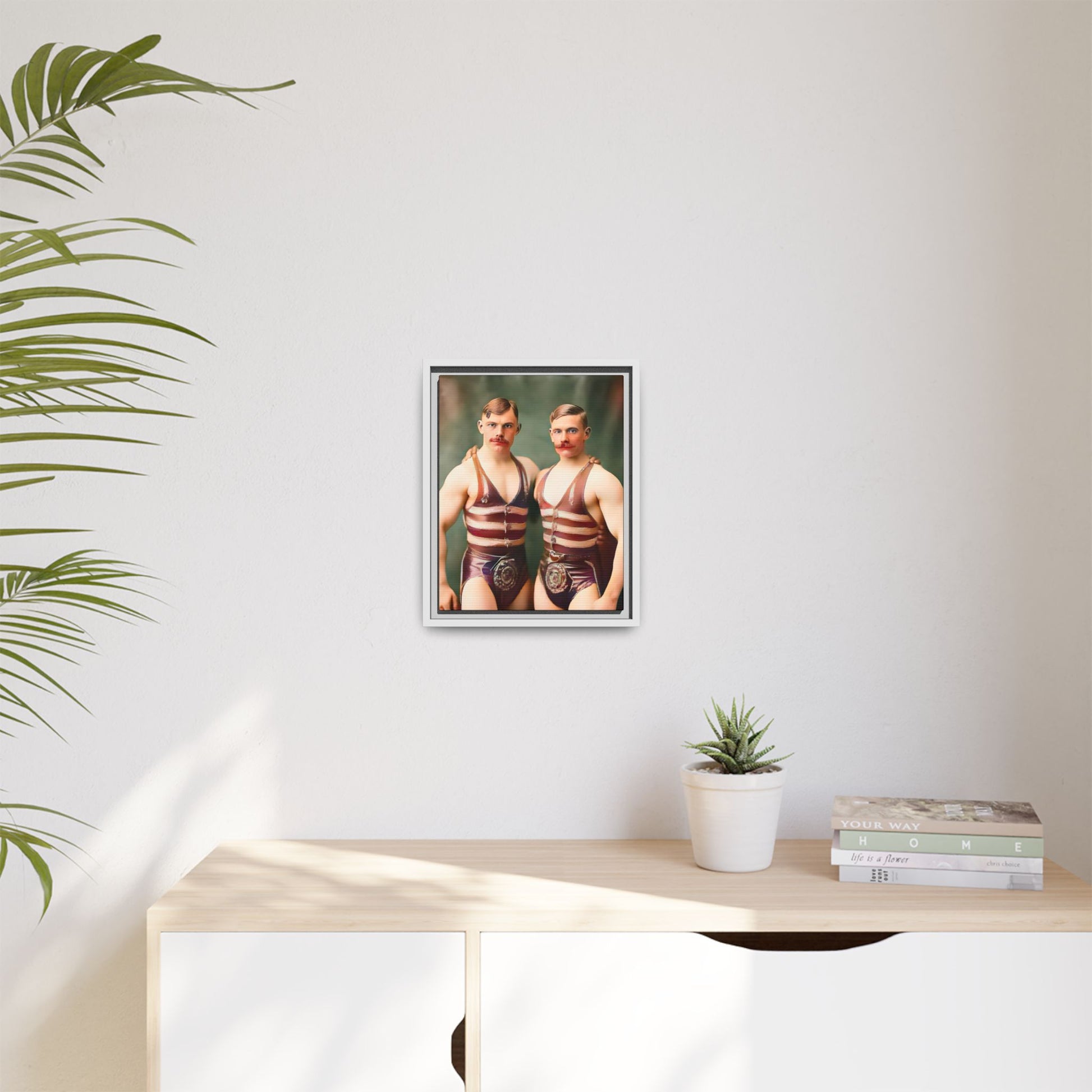 Restored early 1900s vintage photograph of Oscar and Herman in Pittsburgh, Pennsylvania, wearing striped singlets. Framed matte canvas art celebrating love, strength, and LGBTQ+ history. Gay Circus Couple Performers