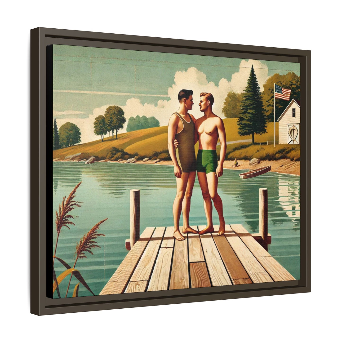 Framed artwork of a gay couple sharing a tender moment on a wooden dock by a peaceful lake, dressed in vintage swimwear. Set against rolling hills and a lakeside cabin, this nostalgic scene honors LGBTQ+ love in a serene Midwestern summer setting.
