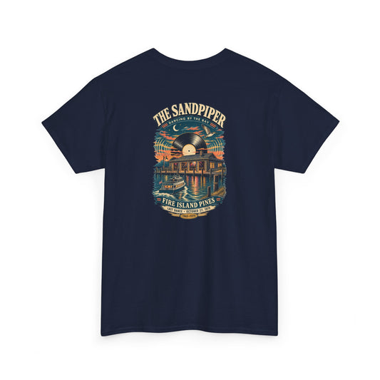 Back of the Sandpiper Fire Island Pines T-shirt featuring a ferry, waterfront disco, vinyl record and Last Dance October 27, 1979 artwork