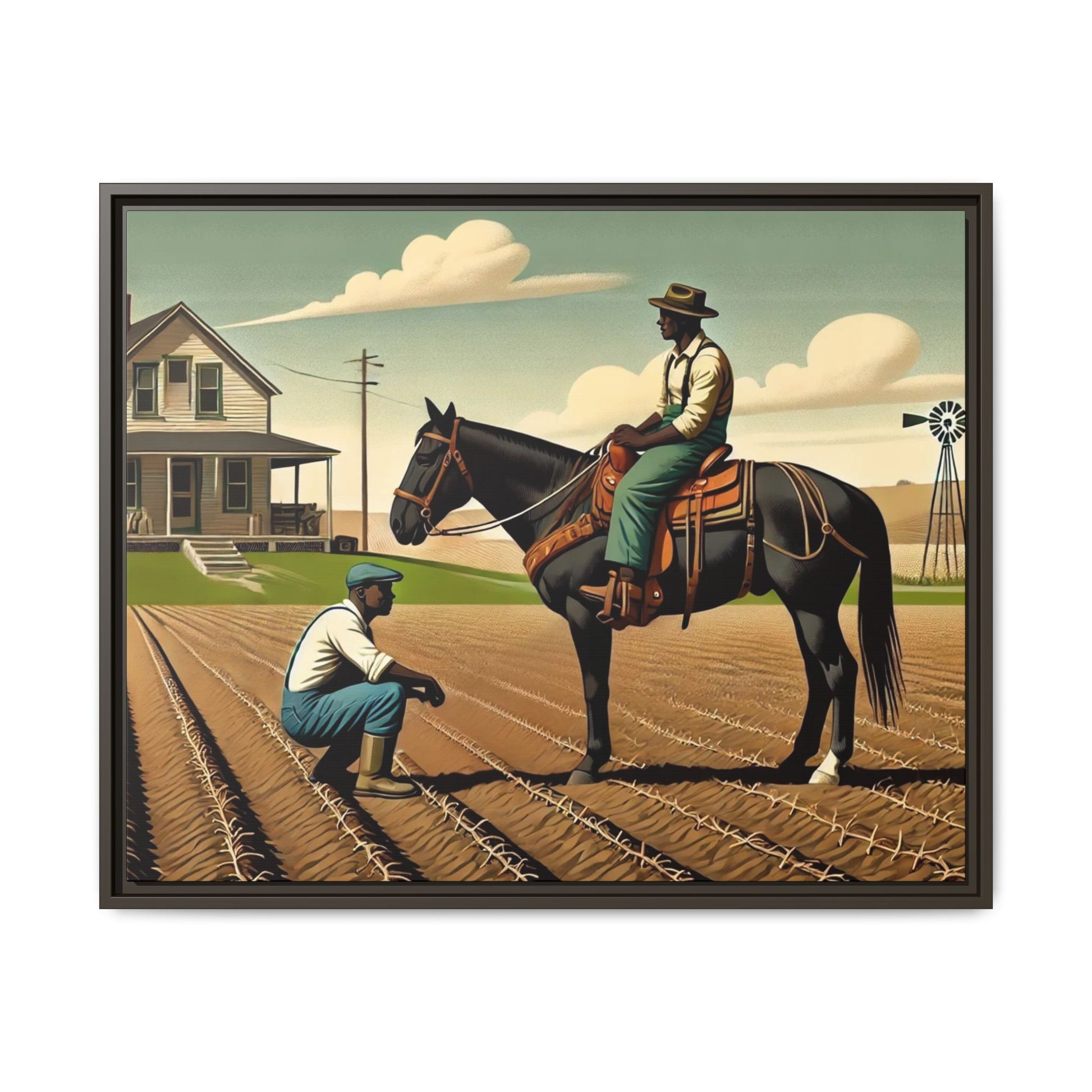 Artwork of an African American queer couple working together on a farm in a serene, vintage-inspired landscape. One man sits on horseback, gazing warmly at his partner, who examines the soil, symbolizing their partnership in both love and labor. The scene captures resilience, companionship, and the beauty of rural life.