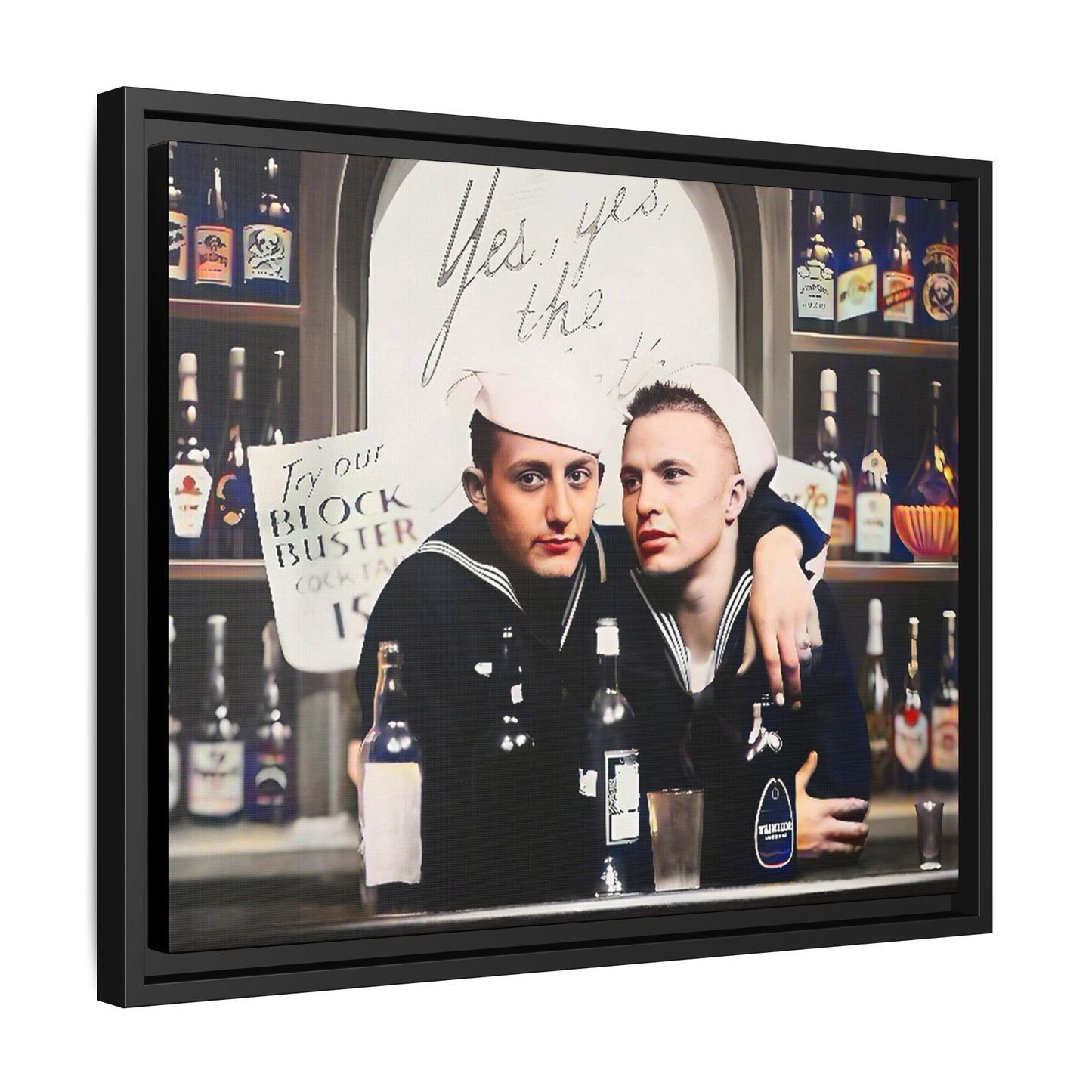 A restored vintage photo of Matt & Cory at Naval Air Station Alameda, CA. This framed matte canvas print captures camaraderie, LGBTQ+ history, and the spirit of military service, making it a unique and nostalgic keepsake for history lovers. Gay Couple Sailors